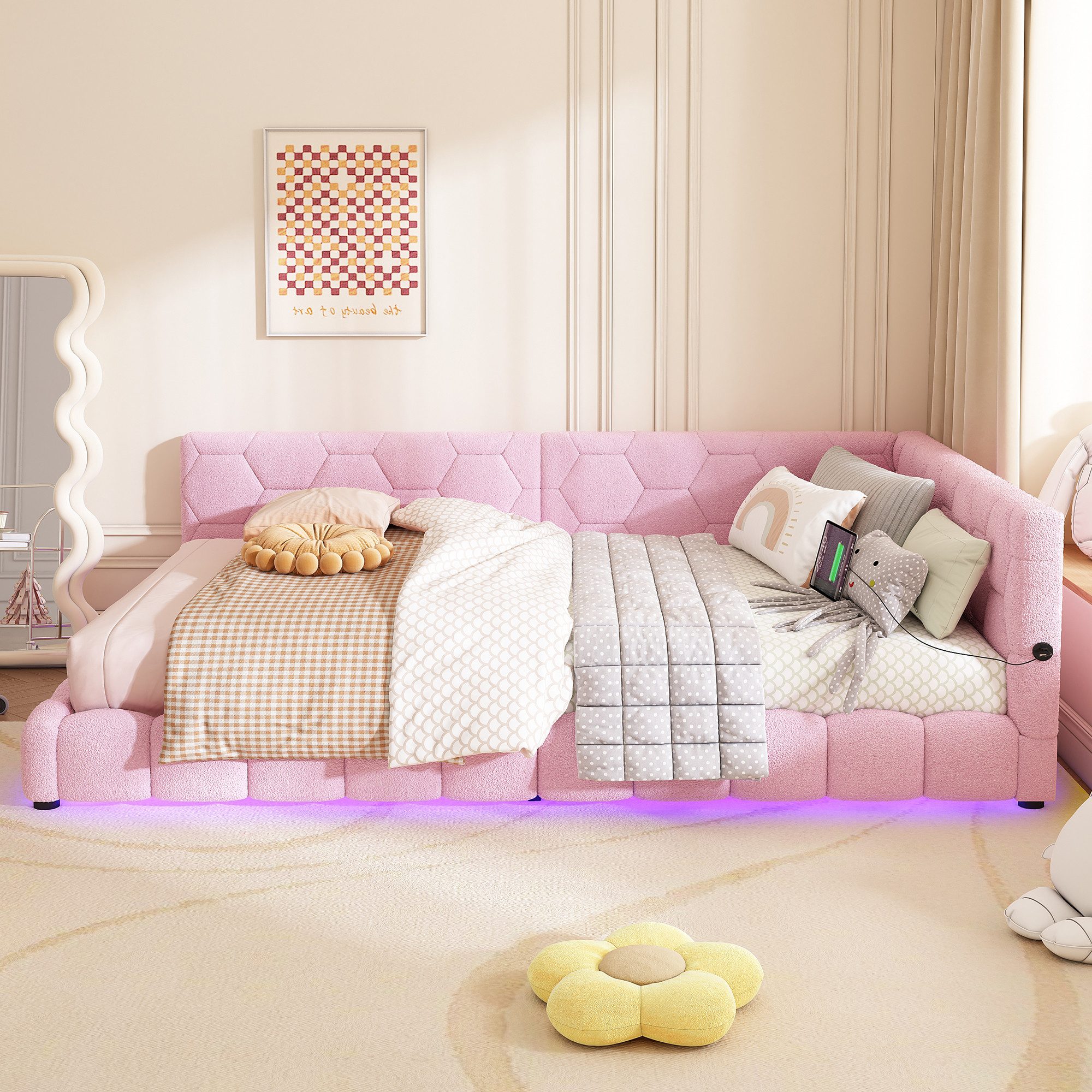 Flieks Polsterbett, LED Doppelbett Daybett Tagesbett Samt 140x200cm mit USB günstig online kaufen