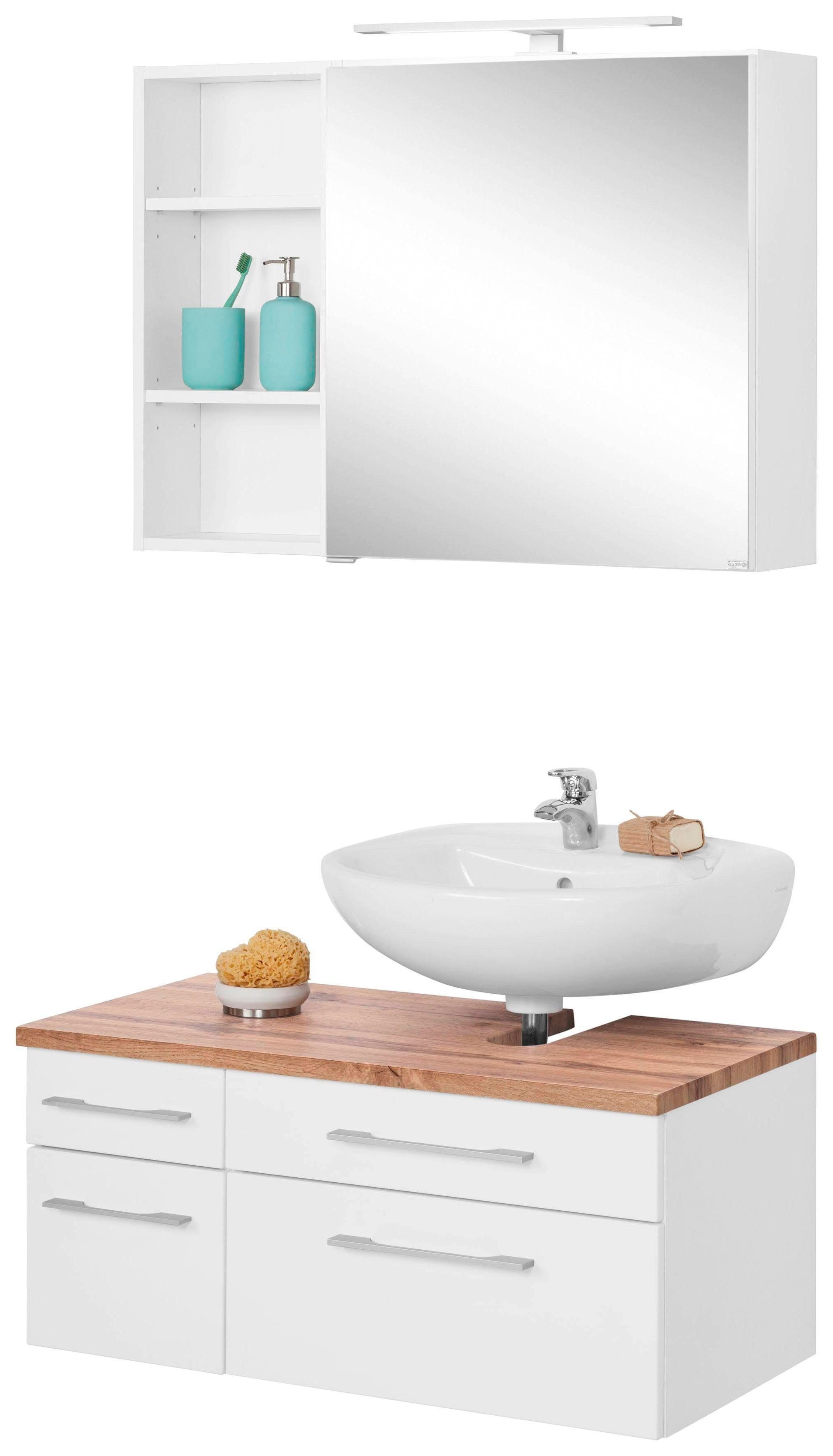 welltime Badmöbel-Set Davos, (3-St), Spiegelschrank, Regal und Waschbeckenunterschrank