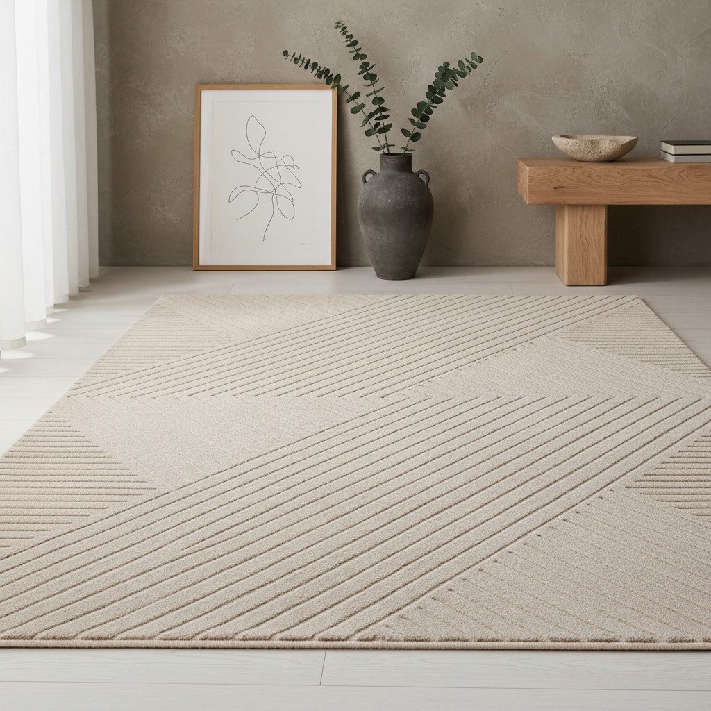 KADIMA DESIGN Teppich Kurzflorteppich ILLER 3D Struktur Beige Creme Silber Strapazierfähig, Läufer, Höhe: 14 mm, Beige, 80x150 cm, Strapazierfähig Fußbodenheizung 3D Waschbar