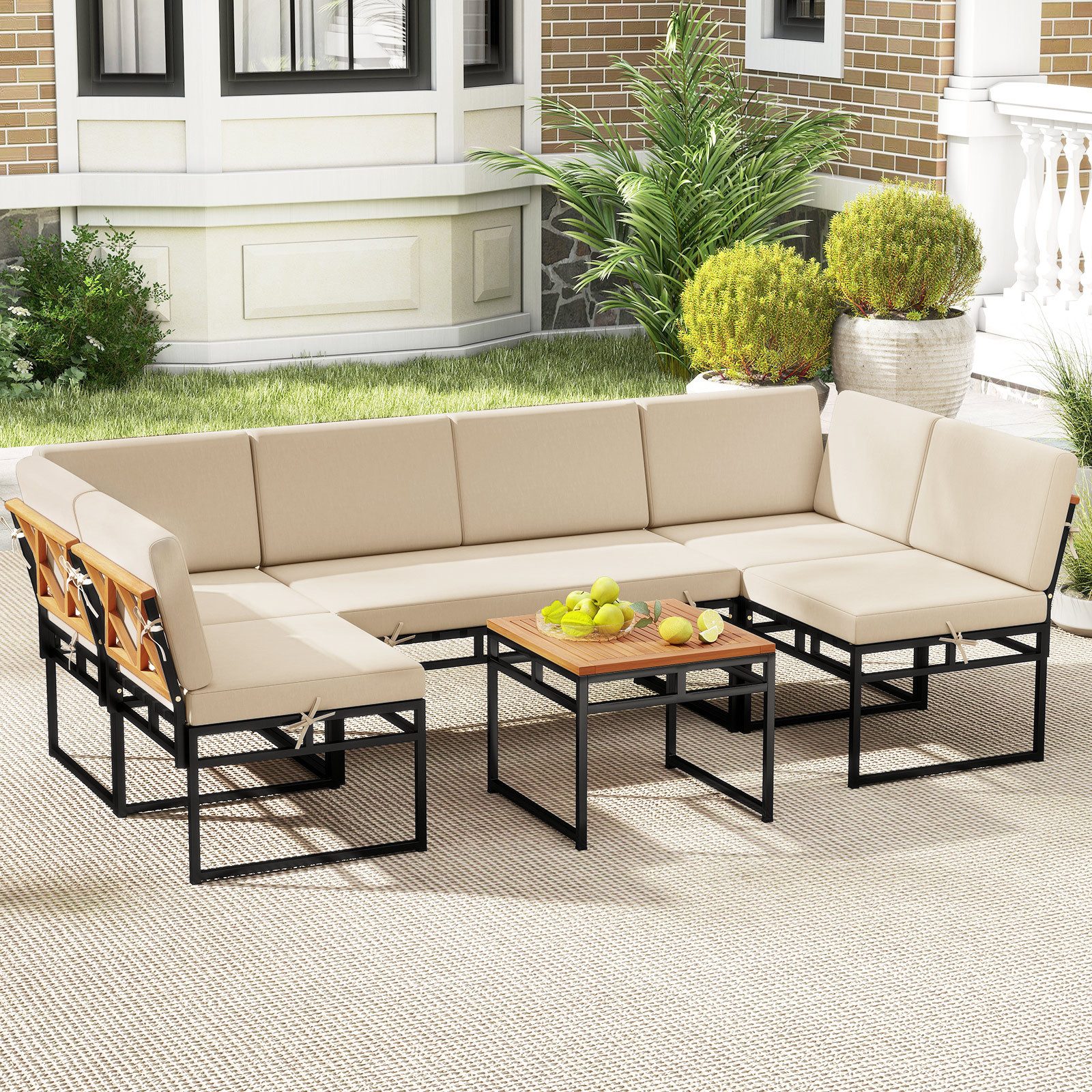 COSTWAY Gartenlounge-Set, 6 tlg. Gartenmöbel Set mit Sofa & Tisch, Kissen