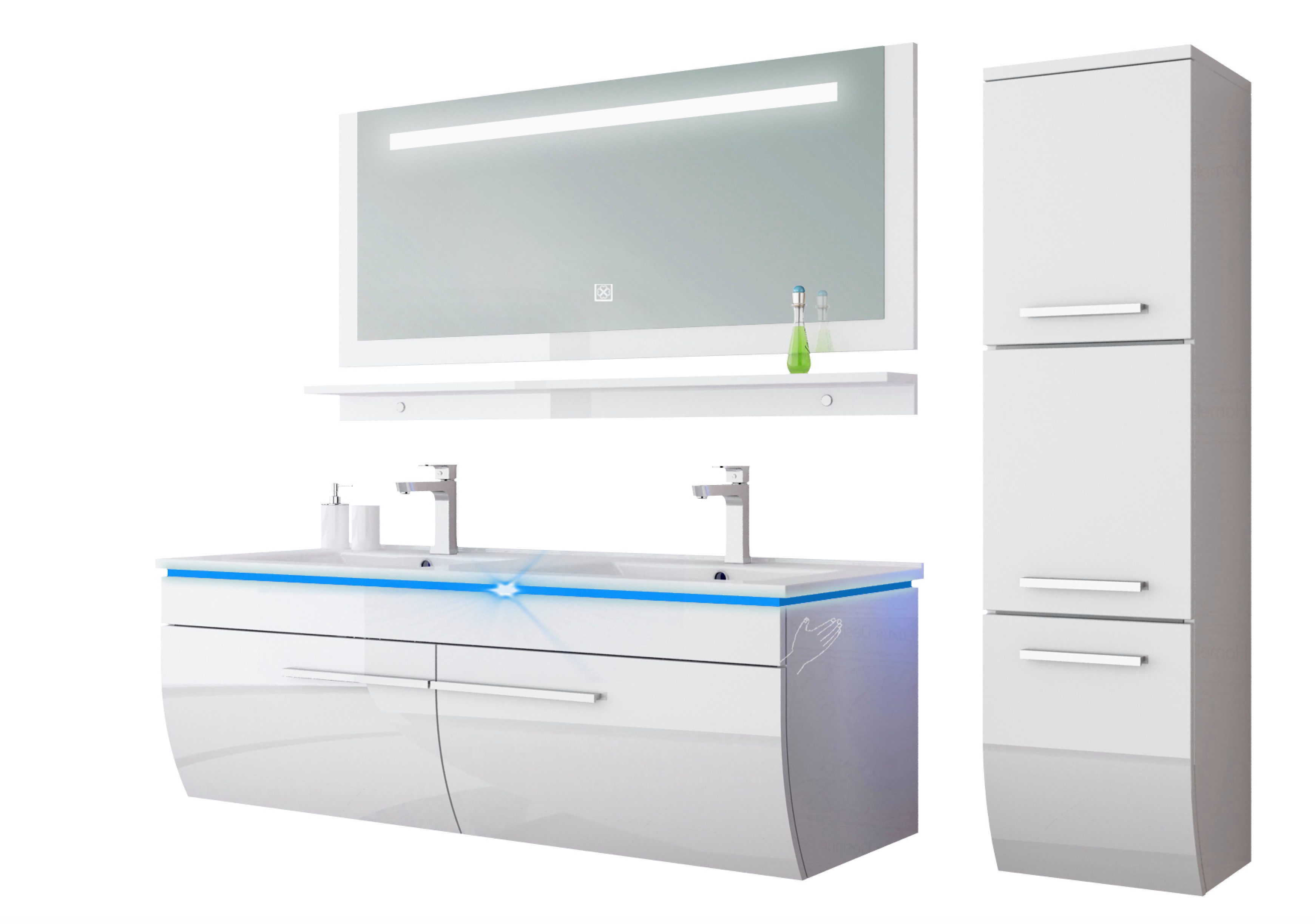 Homeline Badmöbel-Set Doppelwaschbecken Badmöbel Set 120 cm Weiss, (5-St)