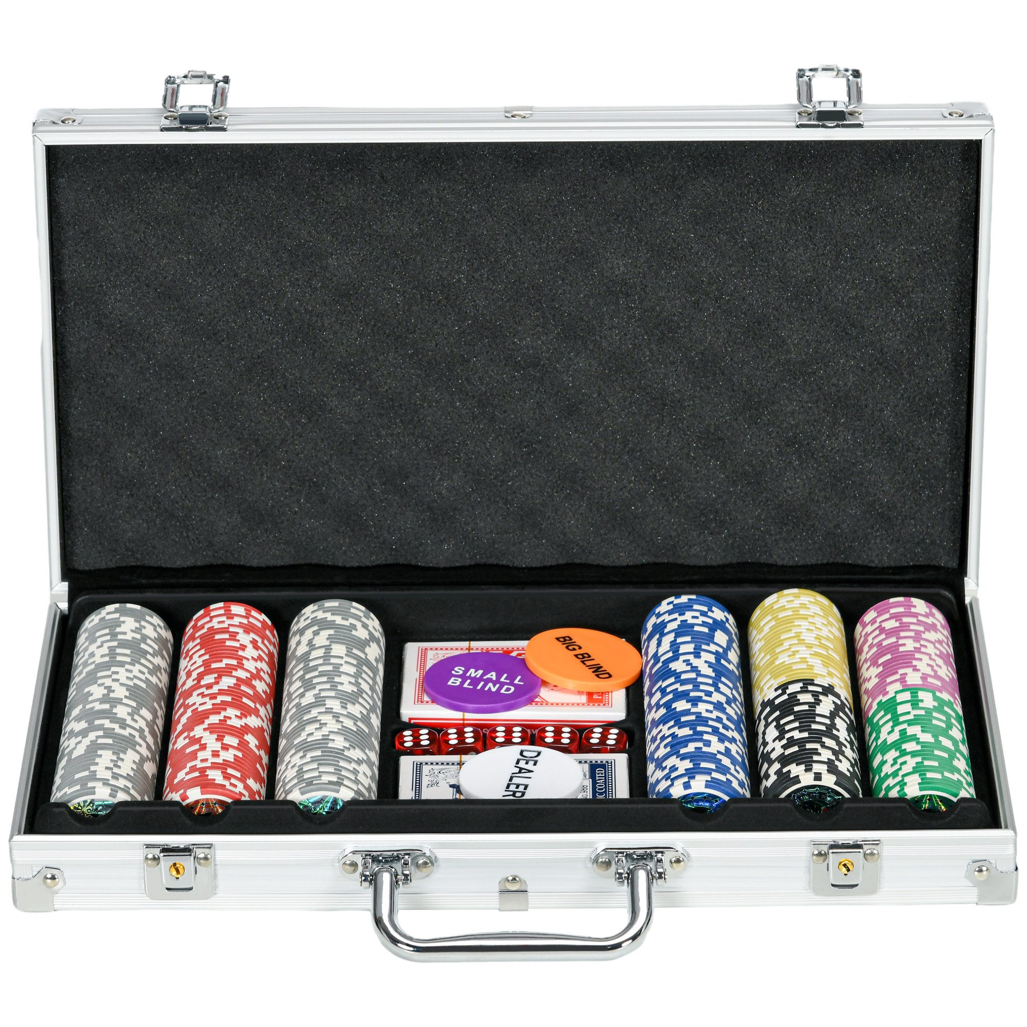 SPORTNOW Spiel Pokerkoffer Set, 500 Pokerchips 11,5 Gramm, Pokerset mit Schloss, Strategiespiel, Silber 38,5 x 23 x 6,5 cm
