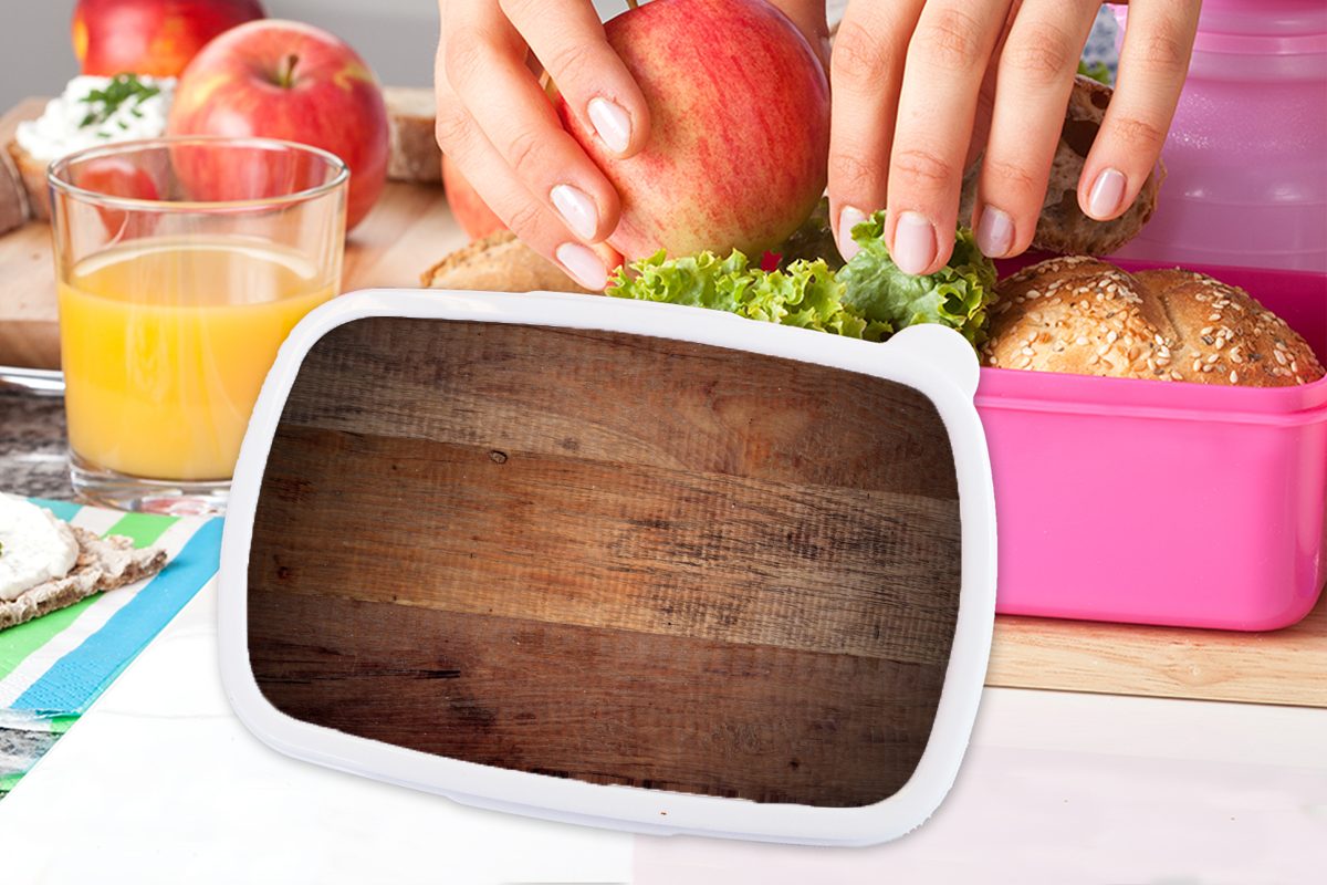 Hintergrund, Kinder, Lunchbox Erwachsene, Snackbox, MuchoWow (2-tlg), als Kunststoff, rosa Mädchen, Kunststoff Brotdose für Brotbox Holzbretter