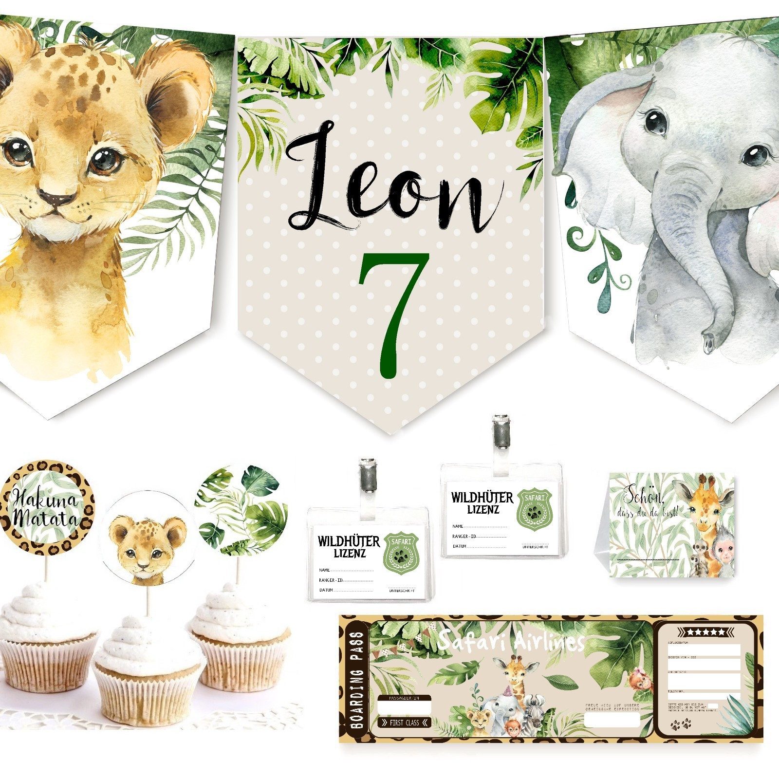 homestyle-accessoires Papierdekoration Kindergeburtstag Party 10erSet DSCHUNGEL Wimpelkette Einladungen, Platzkarten Cupcaketopper Wildhüterlizenzen MIT LIEBE GEFERTIGT