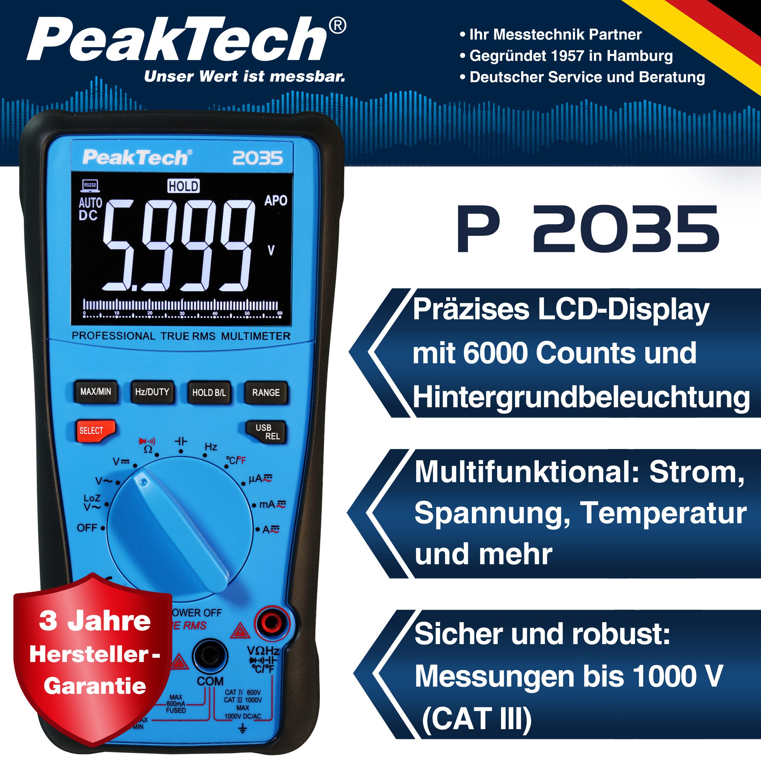 PeakTech Multimeter True RMS 1000 V Digitalmultimeter 6.000 Counts, USB