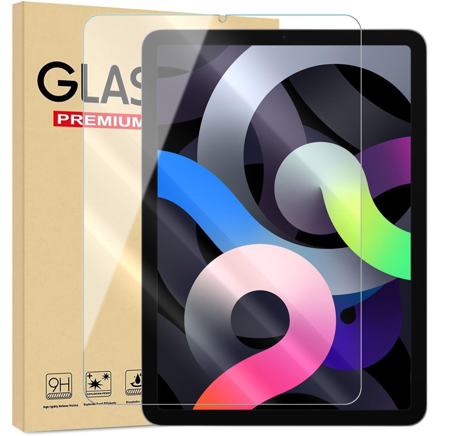 Numerva Schutzfolie Panzer Folie Echt Glas für Apple iPad Air 4 / 5, (Schutzfolie, 1x Schutzfolie 2x Reinigungstücher), Tablet Display Schutzglas Folie Echt Glas Folie 9H