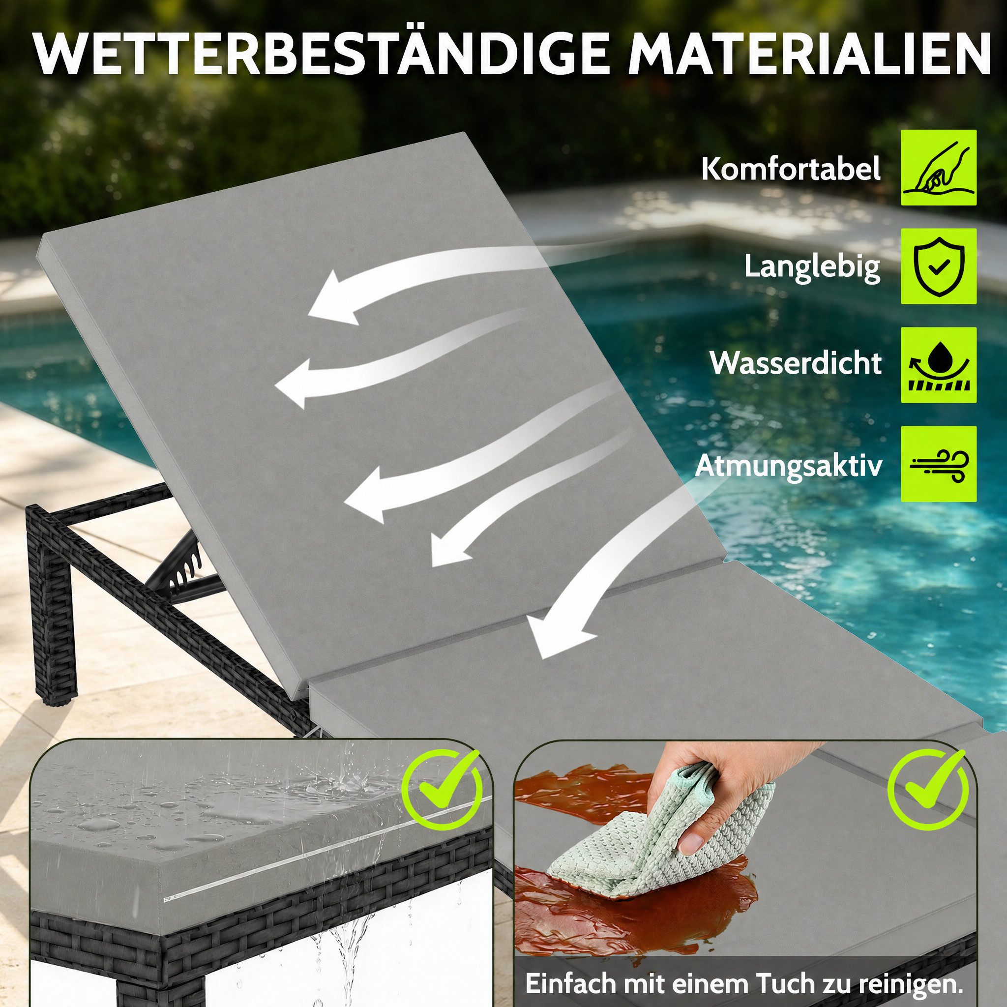 Huracan Gartenliege Sonnenliege mit 5-Fach höhenverstellbarer Rückenlehne, Gartenliege Daybed Outdoor mit Bequemer Polsterauflage, 1 St., Relaxliege Rattan Polyrattan für Innen und Außen Balkonliege