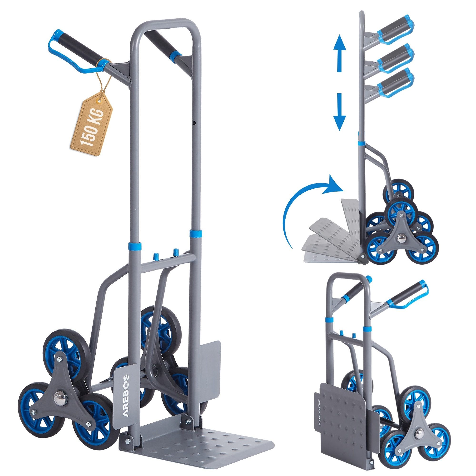 Arebos Treppensackkarre Sackkarre Transportkarre 150kg Treppensteiger Stappelkarre, Höhenverstellbar: 74 - 109 cm, Ladefläche: 31,1 x 28,8 cm