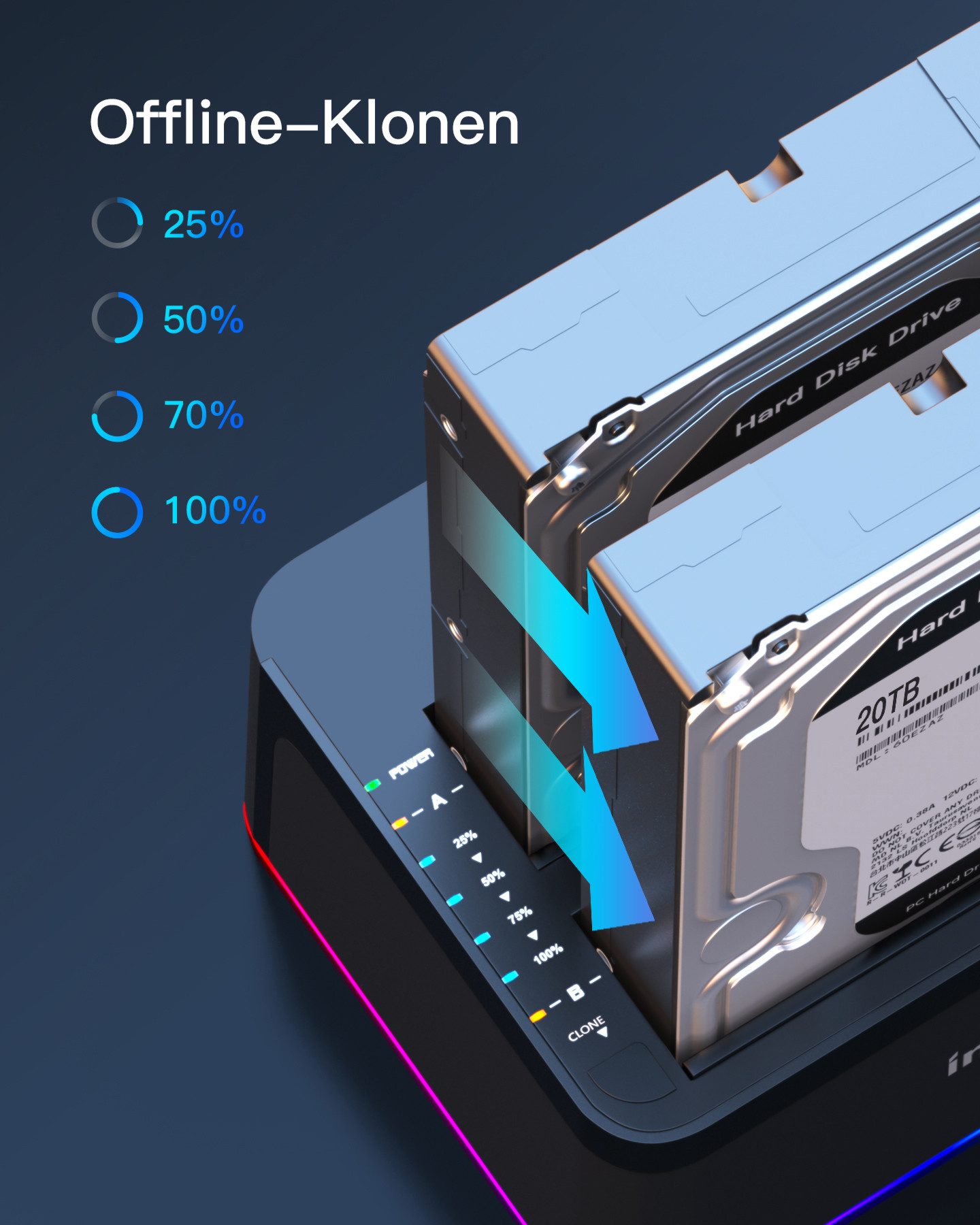 Inateck Festplatten-Dockingstation RGB USB-C Port mit Offline-Klonen, für 2,5/3,5 Zoll SATA HDDs und SSDs, 2 x 20TB Dual Bay Docking Station, UASP unterstützt – Bild 5 von 5