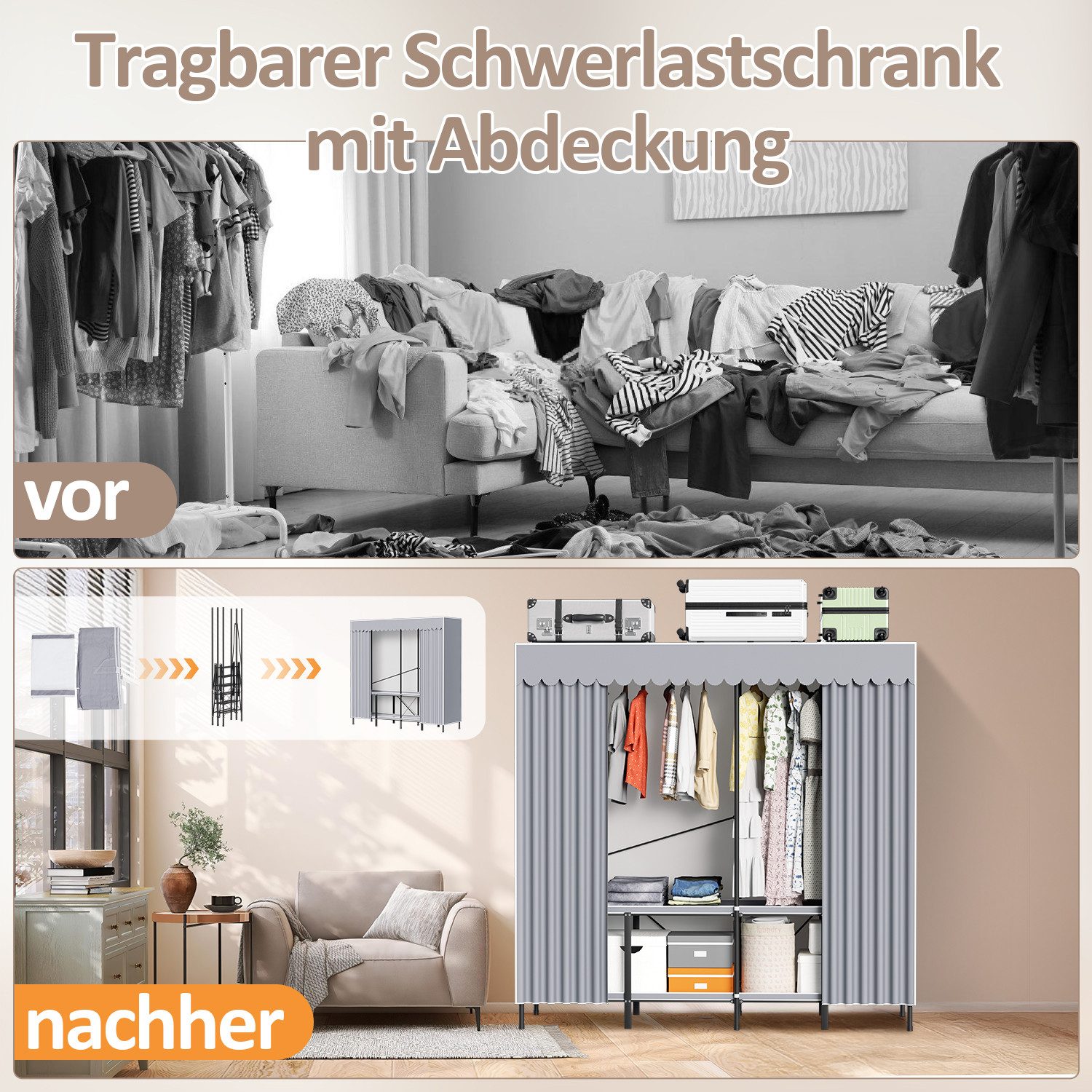 Clanmacy Kleiderschrank Kleiderschrank Stoffschrank Groß Faltschrank Stoff Stahlrohr Grau