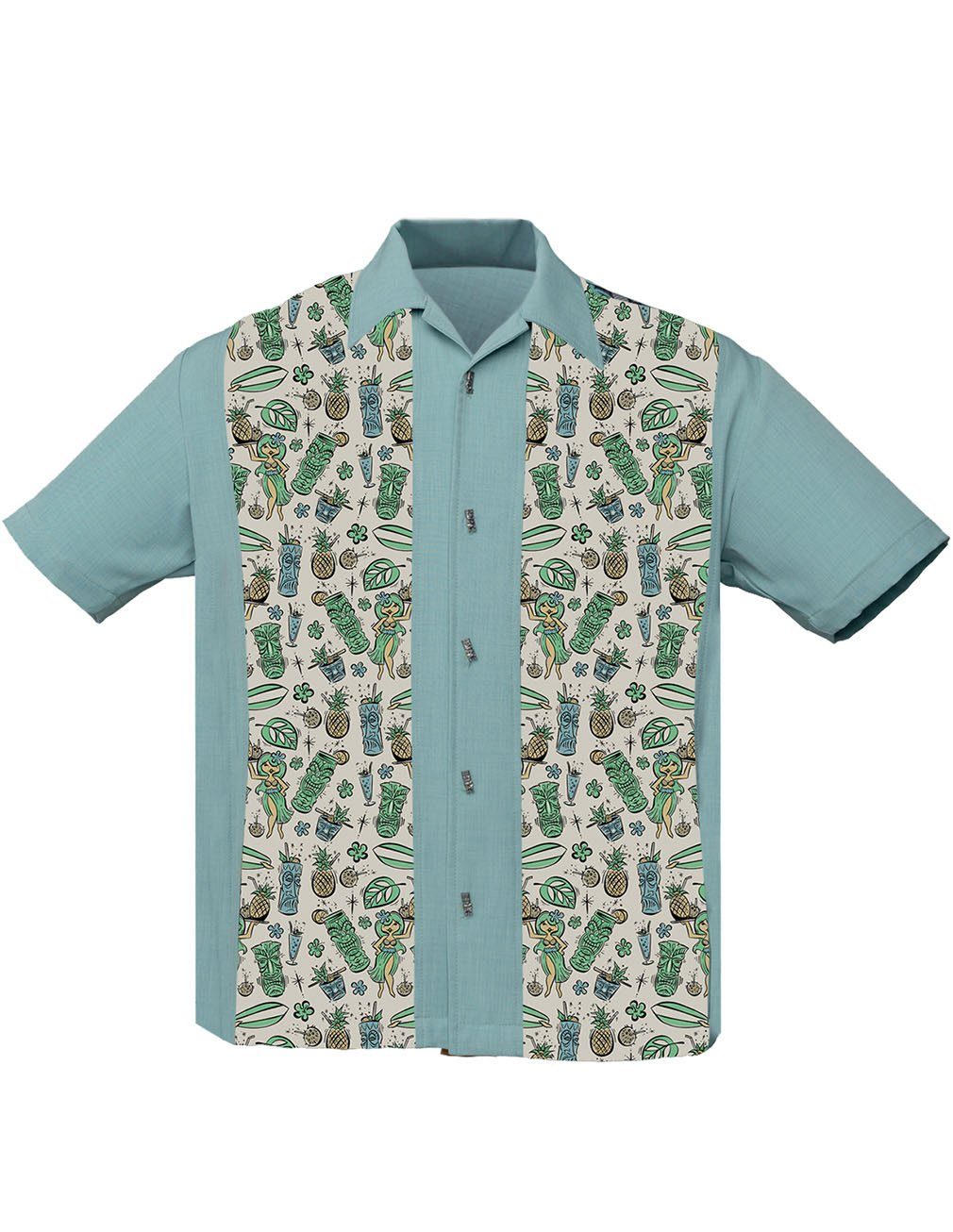Steady Clothing Kurzarmhemd Hula Cocktails Teal Retro Vintage Bowling Shirt Tiki Figur Knöpfe