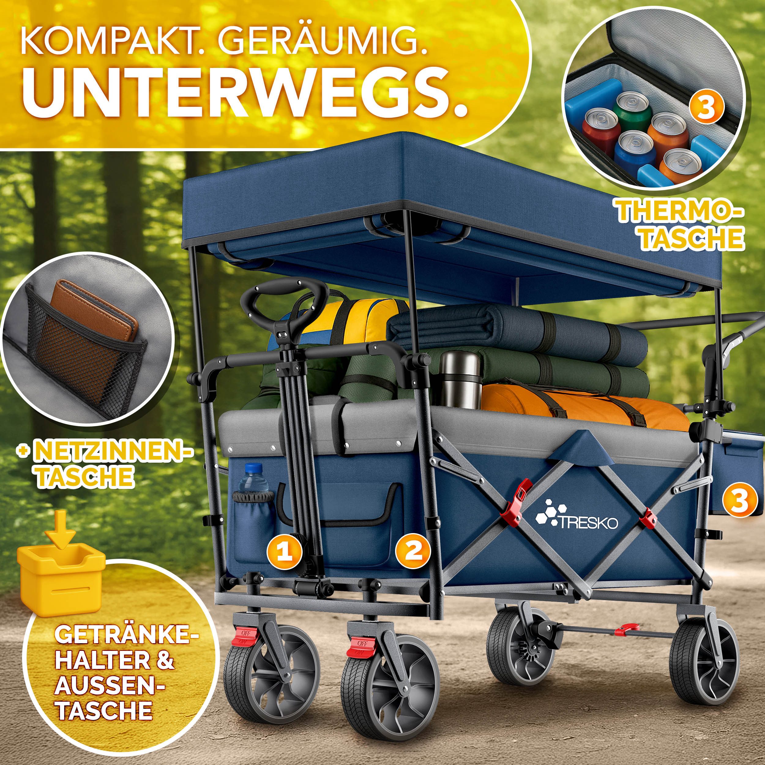 TRESKO Bollerwagen TRESKO Faltbarer Bollerwagen Handwagen (Feststellbremsen (Vorne & Hinten) und 3-Punkt-Gurt, max. belastbar bis 150kg Transportwagen mit Vollgummireifen), Faltbar mit Dach, Kühlfach & Seitenrollos Handwagen