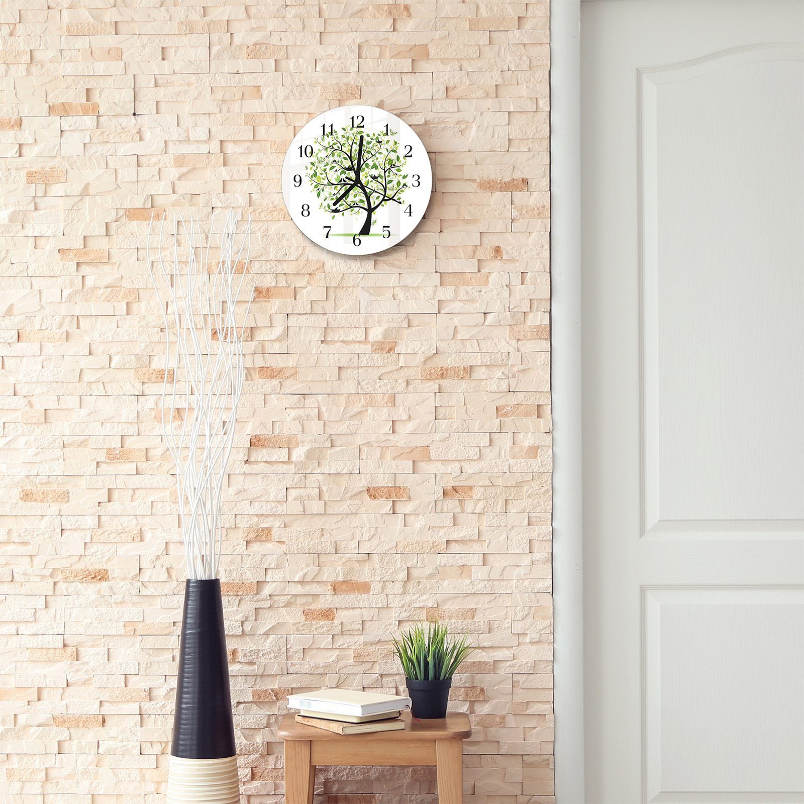 Primedeco Wanduhr mit cm und Rund 30 Glas Durchmesser mit Wanduhr Frühlingsbaum Motiv digital - aus Quarzuhrwerk