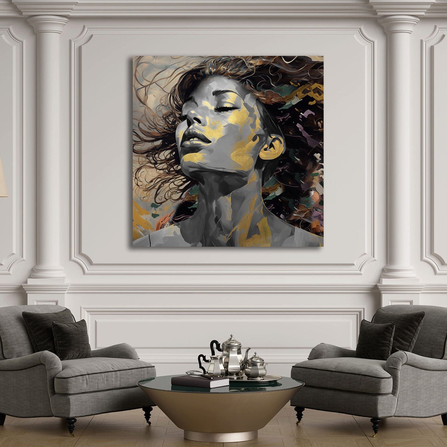 Artedinoi Leinwandbild Frau Blattgold Akzente modern Leinwandbild Wandbild XXL Deko, Frau mit Goldakzenten