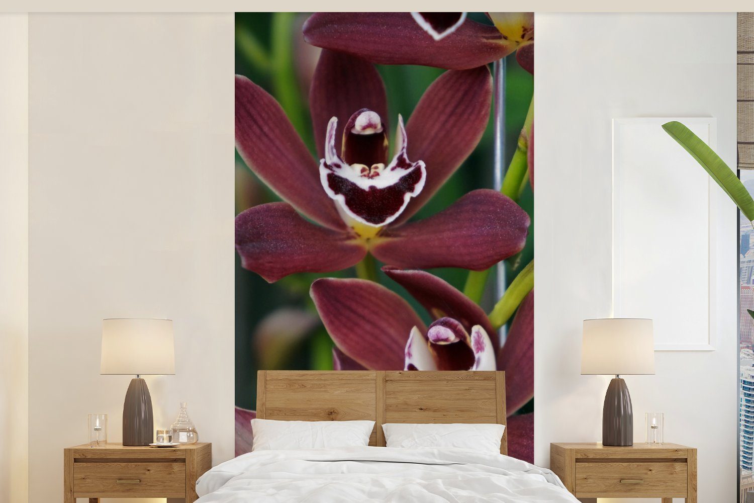 MuchoWow Fototapete Rote Orchideen für einen grünen Hintergrund, Matt, bedruckt, (2 St), Vliestapete für Wohnzimmer Schlafzimmer Küche, Fototapete