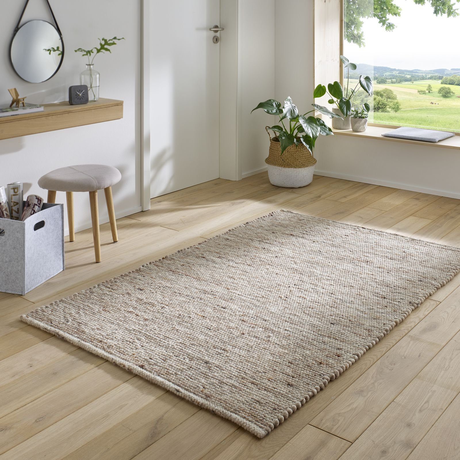 Wollteppich TaraCarpet Handwebteppich 060x090 sand 10 Höhe: Esszimmer TaraCarpet, Wohnzimmer-Teppich Schurwolle gewalkter Helsinki, rechteckig, mm, Schlafzimmer