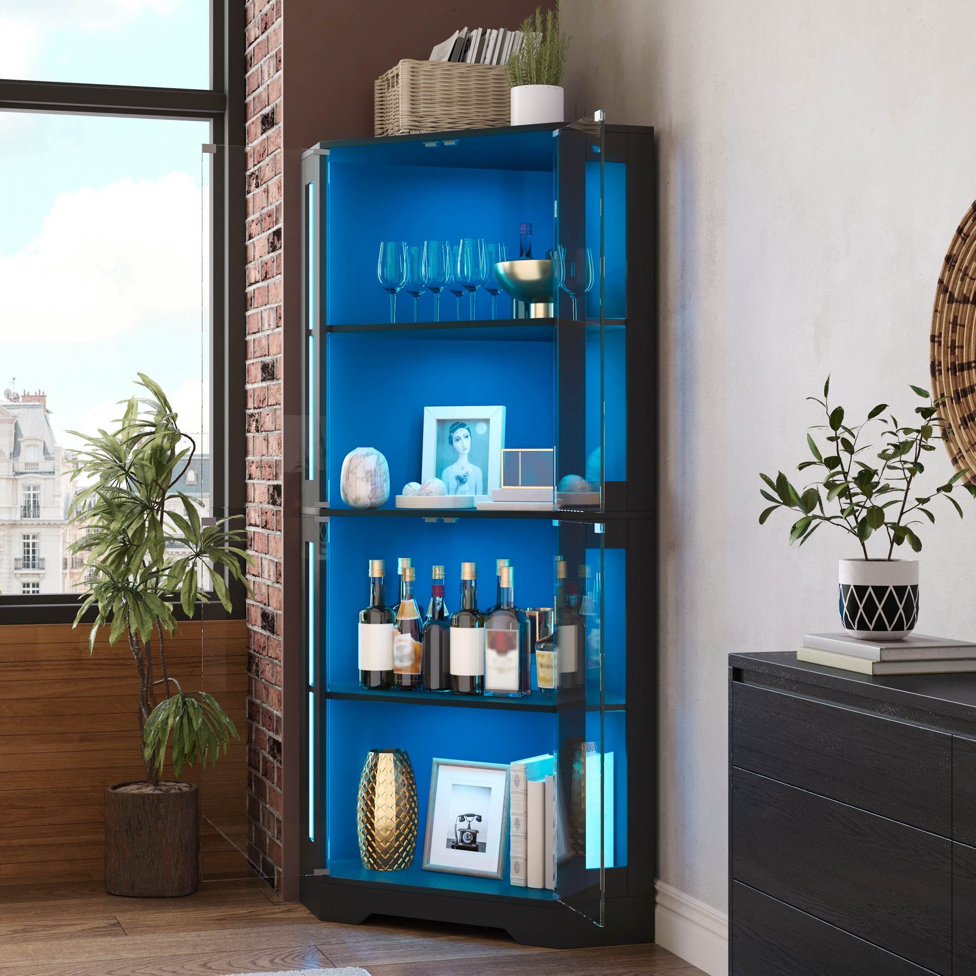 OKWISH Vitrine 165 cm Glasvitrinenschrank mit LED Eckschrank Sicherheitsglas (Packung, 1-St., Weinschrank Möbel für Küche Esszimmer mit Glasdesign Nutzung) Vitrine mit 4 Ebenen für Figuren Sammlerstücke und Dekoration