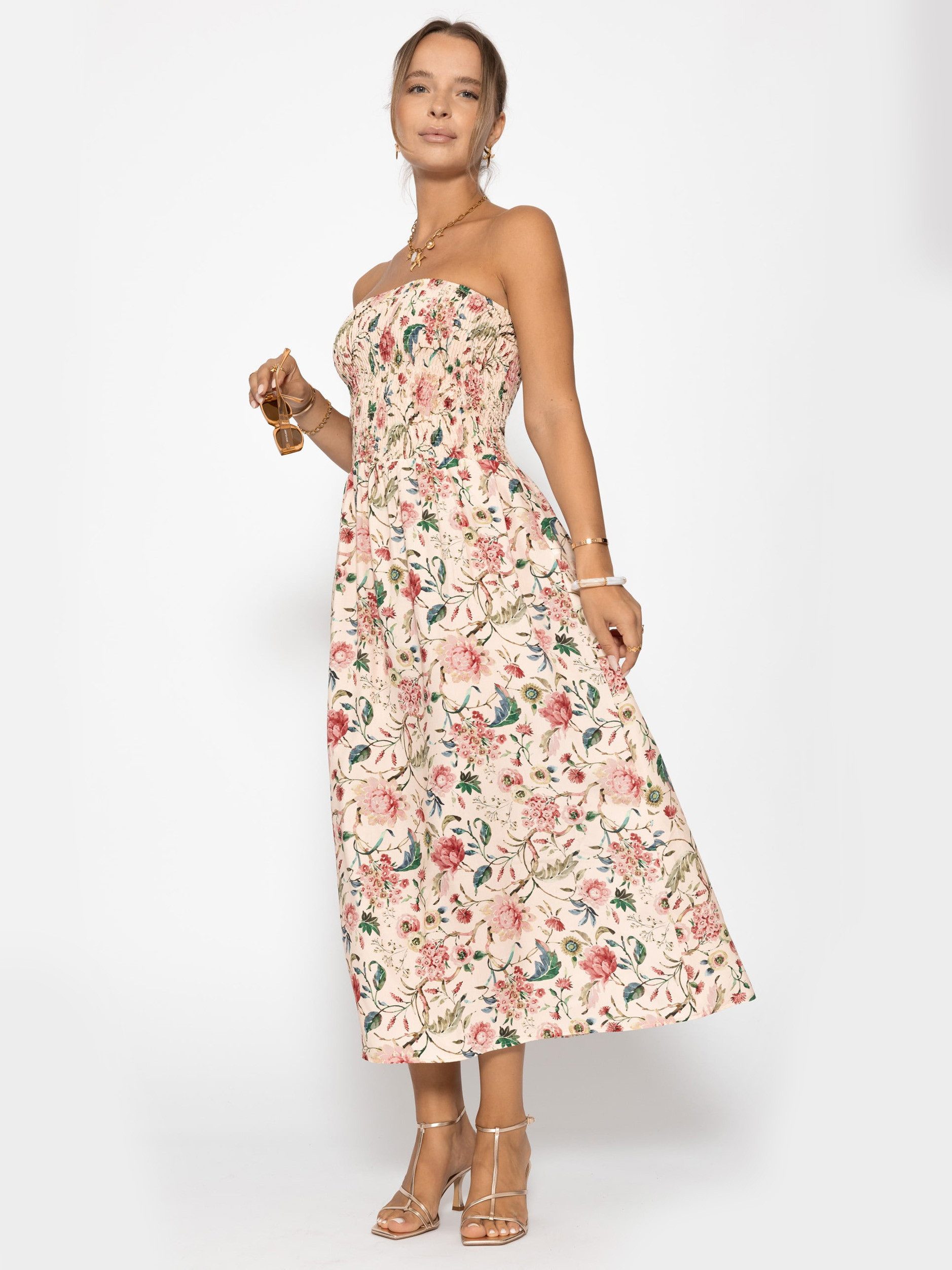 SASSYCLASSY Bandeaukleid Gesmoktes Bandeau-Kleid mit Print Damen trägerloses Midikleid mit gerafftem Bustier jeansblau
