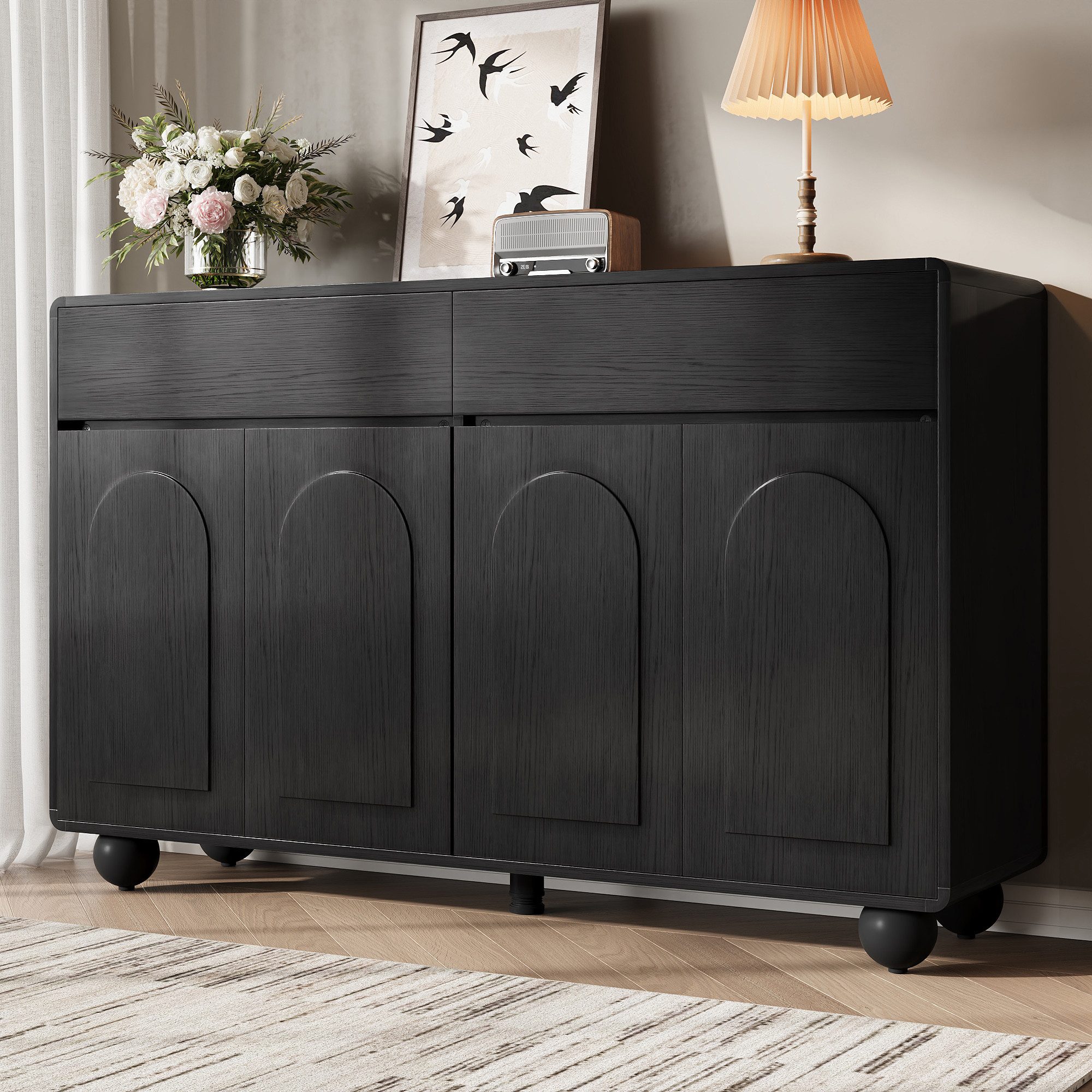 REDOM Sideboard Praktischer Stauraumschrank (Packung, 1 St., Schwarz, PB+MDF, Metallfüße), 140x89x38cm, 2 Schubladen + 4 Türen