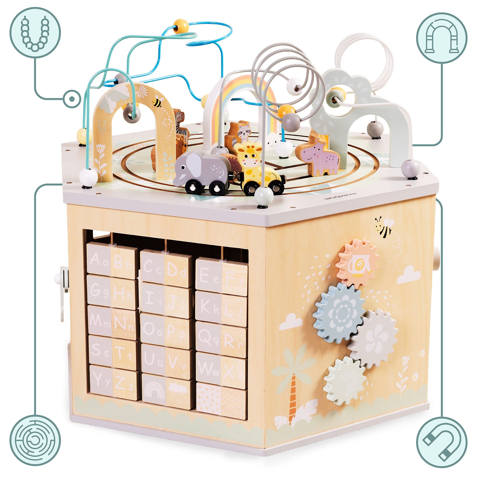 Mamabrum Lernspielzeug Motorikwürfel 10-in-1 Montessori mit Magnetbahn & Motorikschleifen