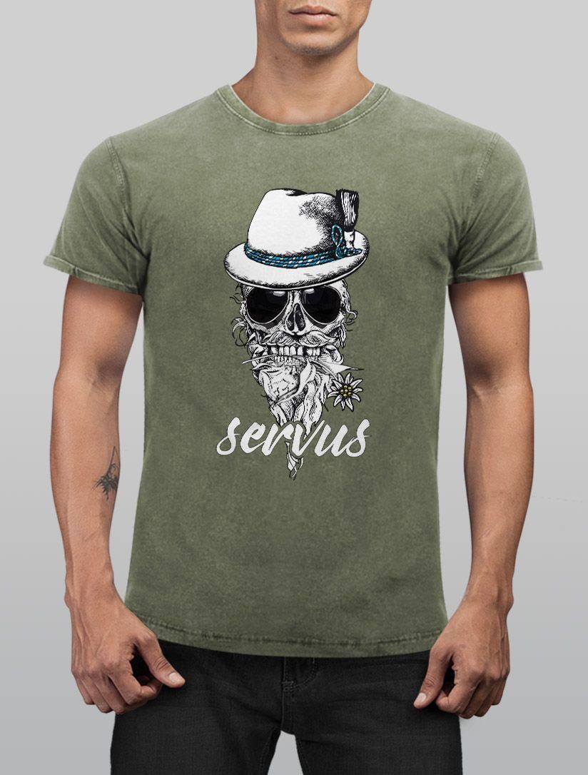 Neverless® Totenkopf Fit Used Print oliv Aufdruck Skull T-Shirt Slim Cooles, Neverless lustiges Angesagtes Print-Shirt Vintage mit Look Servus Shirt Herren