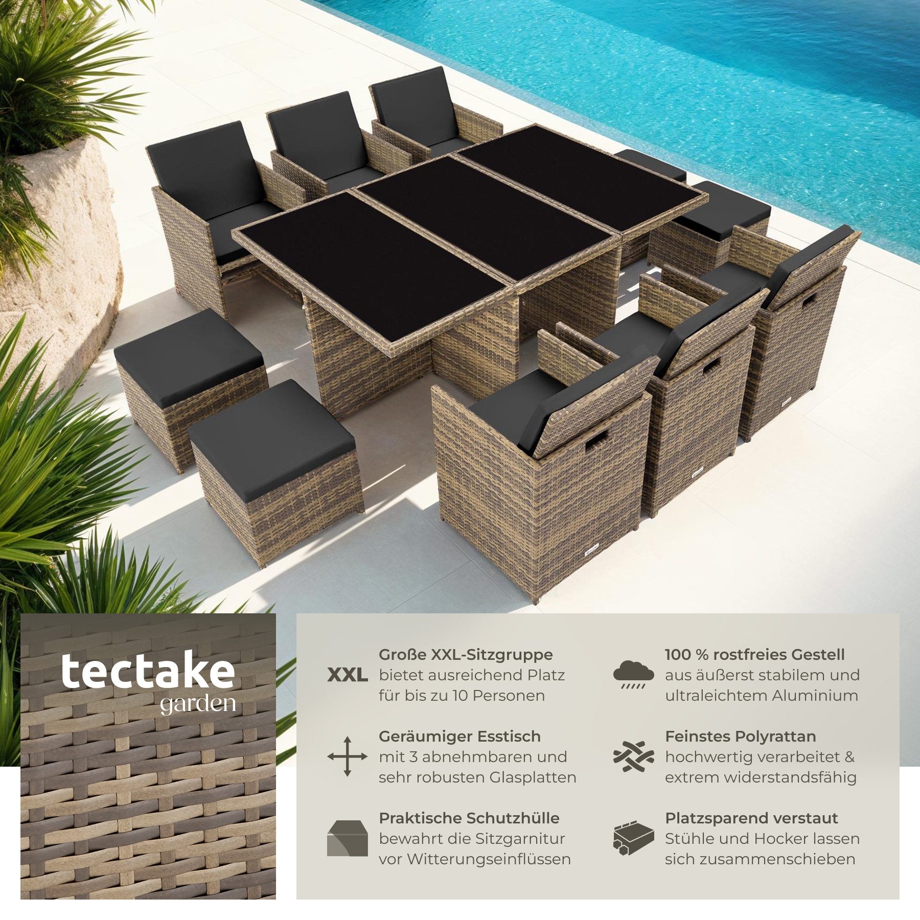 tectake Sitzgruppe Aluminium Rattan Gartenlounge für 6 bis 10 Personen, Inkl., (Loungeset New York, 12-tlg., für Außen in Naturfarben), wetterfest und UV-beständig, 2 Bezugssets, mit Sicherheitsglasplatten