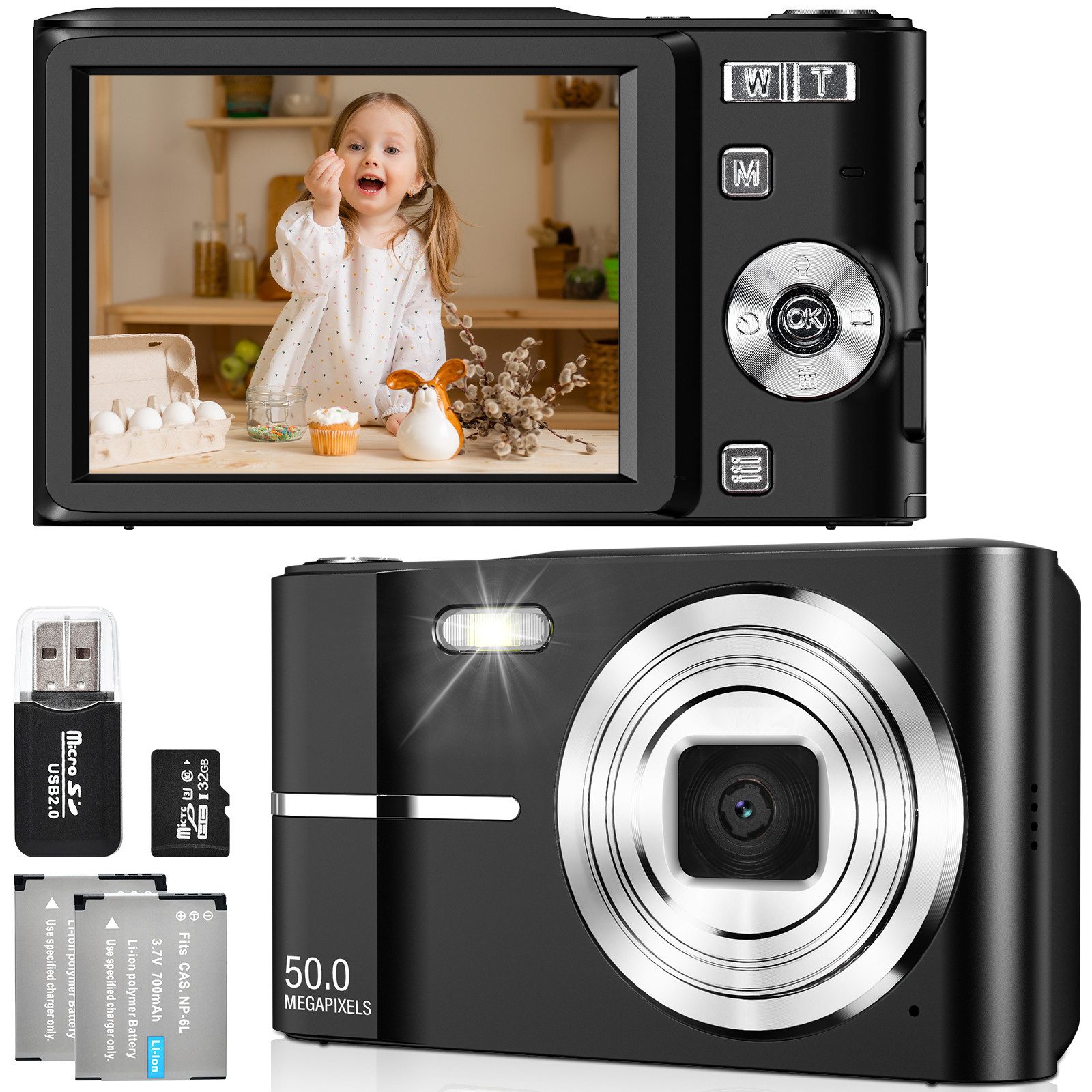 AIBISTAR Digitalkamera 1080P 50MP für Kinder mit 16X Zoom 32G Kompaktkamera (50 MP, inkl. zwei Akkus, ein Cardreader, 32 GB, Gesichtserkennung,Serienbildmodus,Anti-Shake Funktion,Selbstauslöser)