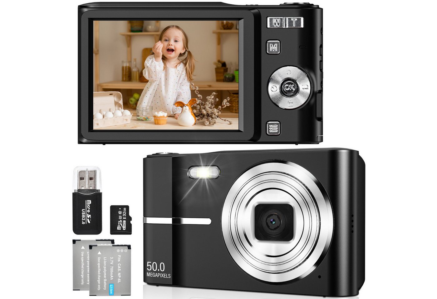 AIBISTAR Digitalkamera 1080P 50MP für Kinder mit 16X Zoom 32G Kompaktkamera (50 MP, inkl. zwei Akkus, ein Cardreader, 32 GB, Gesichtserkennung,Serienbildmodus,Anti-Shake Funktion,Selbstauslöser)