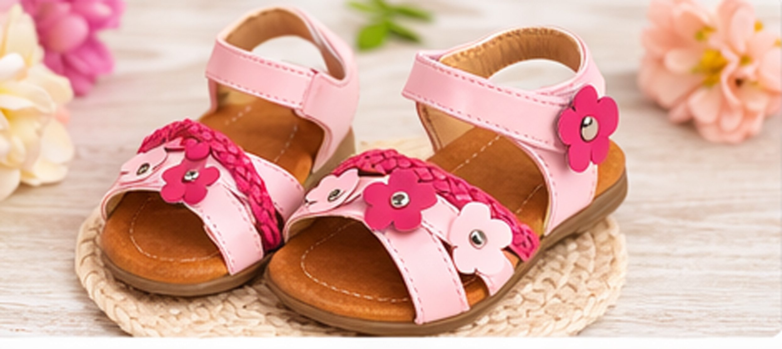 Kaiser24 Mädchen Sandalen Rosa mit Blumen – Leder Sommerschuhe Klettverschluss Sandale