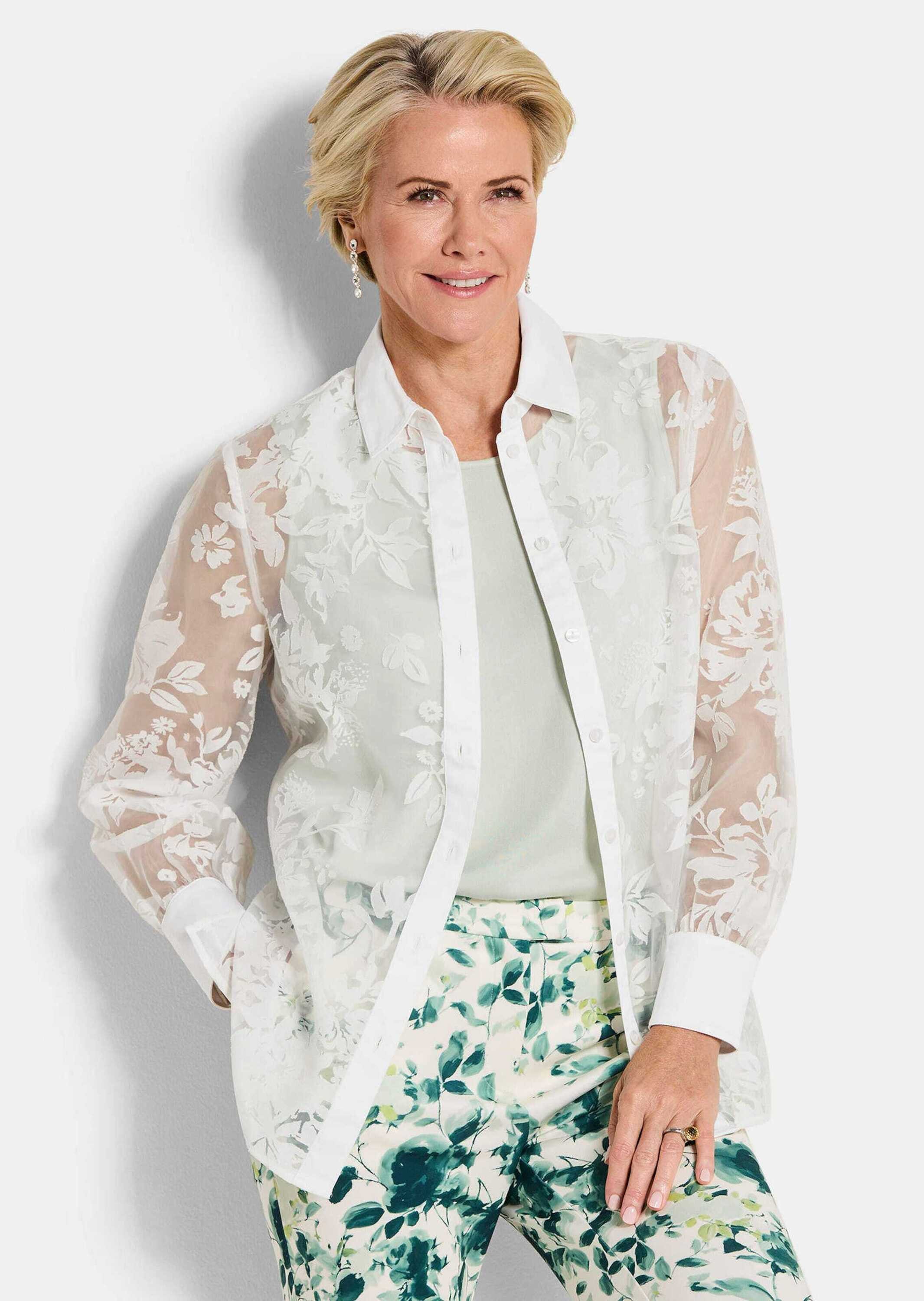 GOLDNER Hemdbluse Kurzgröße: Hemdbluse mit floralem Muster Baumwollbluse mit Hemdkragen, Knopfleiste und Langarm