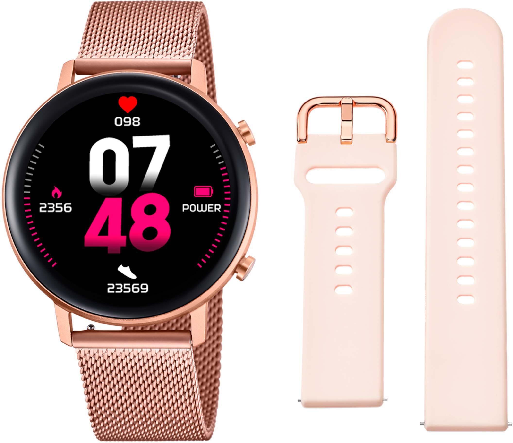 Lotus 50042/1 Smartwatch Set, 2-tlg., mit Wechselarmband aus rosanem Silikon, Armbanduhr, Damenuhr, Geschenkidee, Edelstahlarmband, Datum