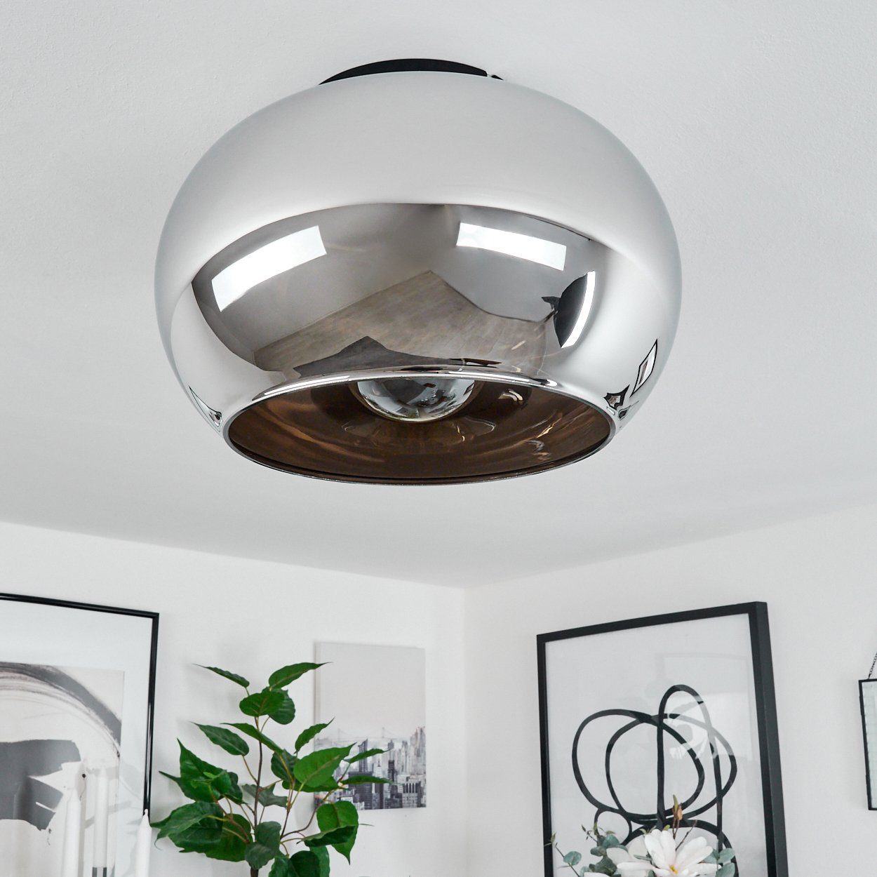 hofstein Deckenleuchte »Cardeto« moderne Deckenlampe aus Metall/Glas in Schwarz/Chromfarben, ohne Leuchtmittel, Leuchte im Retro/Vintage-Design mit Schirm aus Glas (30cm), 1xE27