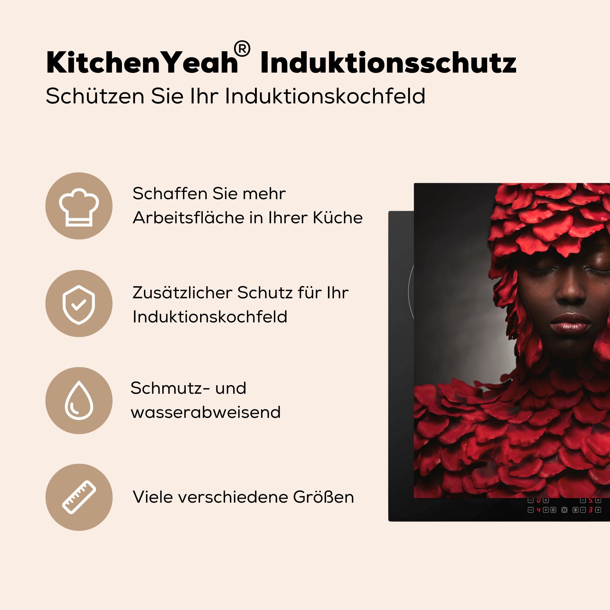 küche Herdblende-/Abdeckplatte Arbeitsplatte Rot, 78x78 (1 - - Vinyl, cm, für tlg), Frau MuchoWow Laub Ceranfeldabdeckung,