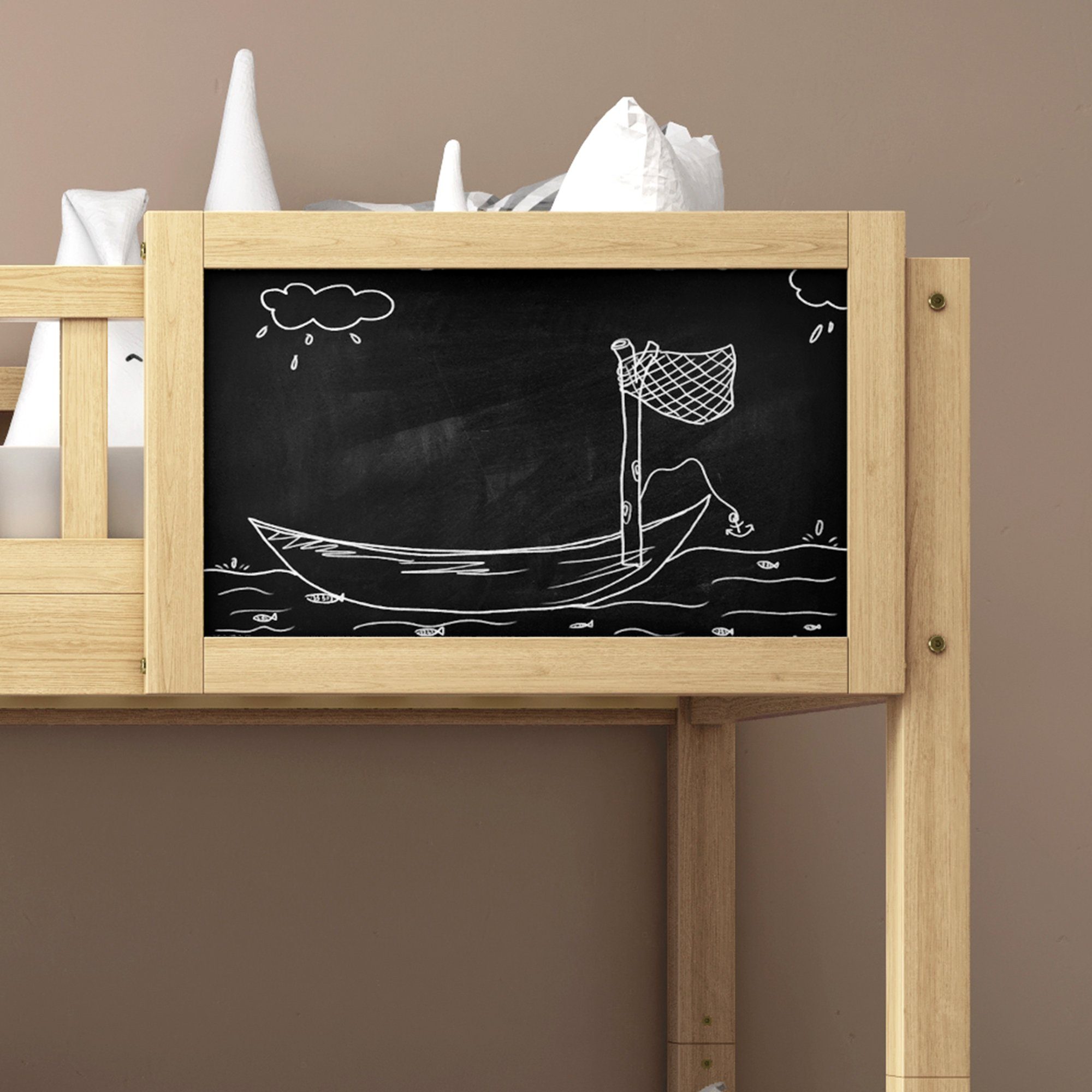 Etagenbett (Stockbett, Hochbett mit Lattenrost, Rausfallschutz, Leiter und MDF-Rädern), Kinderbett 90 x 200 cm, umbaubar in zwei Einzelbetten, Kiefer
