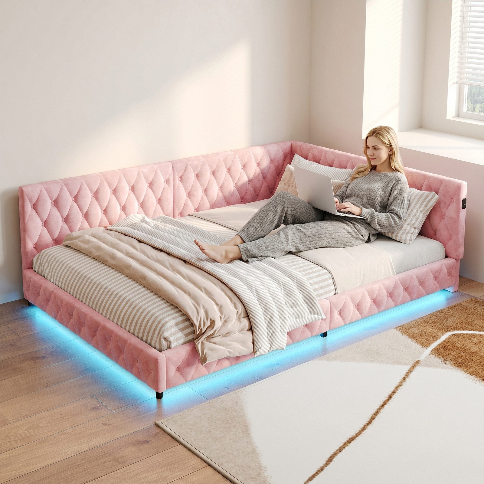 ADWOLT Polsterbett Daybett Schlafsofa Doppelbett Tagesbett, 140x200cm mit LED Beleuchtung und USB-Aufladen,Teddysamt,Rosa