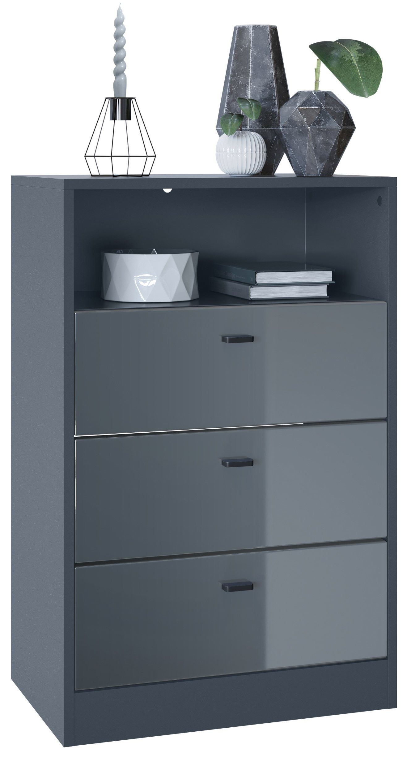 Vladon Kommode Pino V2 (Anrichte, mit 3 Schubladen & 1 offenem Fach), Anthrazit matt/Grau Hochglanz (56 x 86,5 x 36 cm)