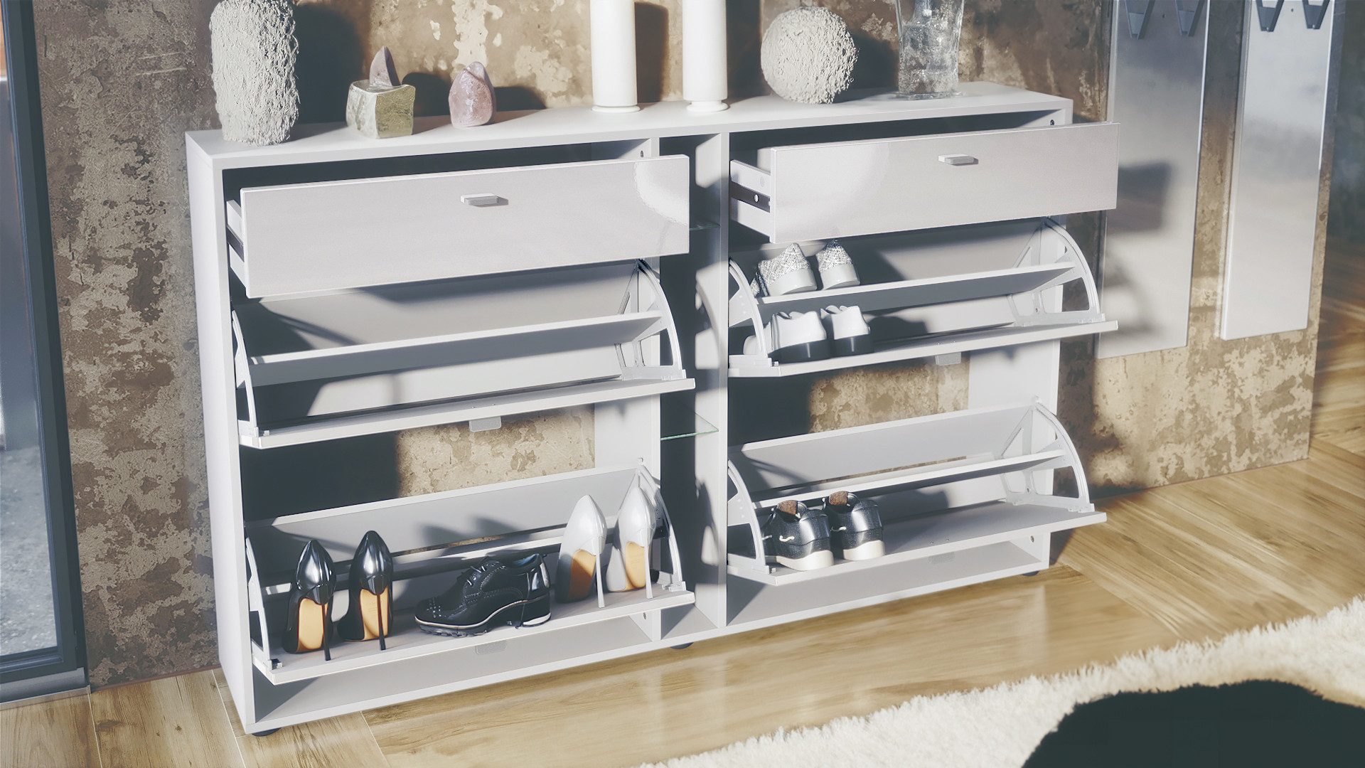 Vladon Garderoben-Set Florence, (Garderoben-Set, mit Schuhschrank und 2 Wandspiegel), Weiß matt/Weiß Hochglanz