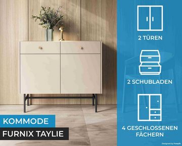 Furnix Kommode Taylie Sideboard mit zwei Schubladen und zwei Türen Auswahl, B104,4 x H88,4 x L39 cm, goldene Metallgriffe, Metallgestell