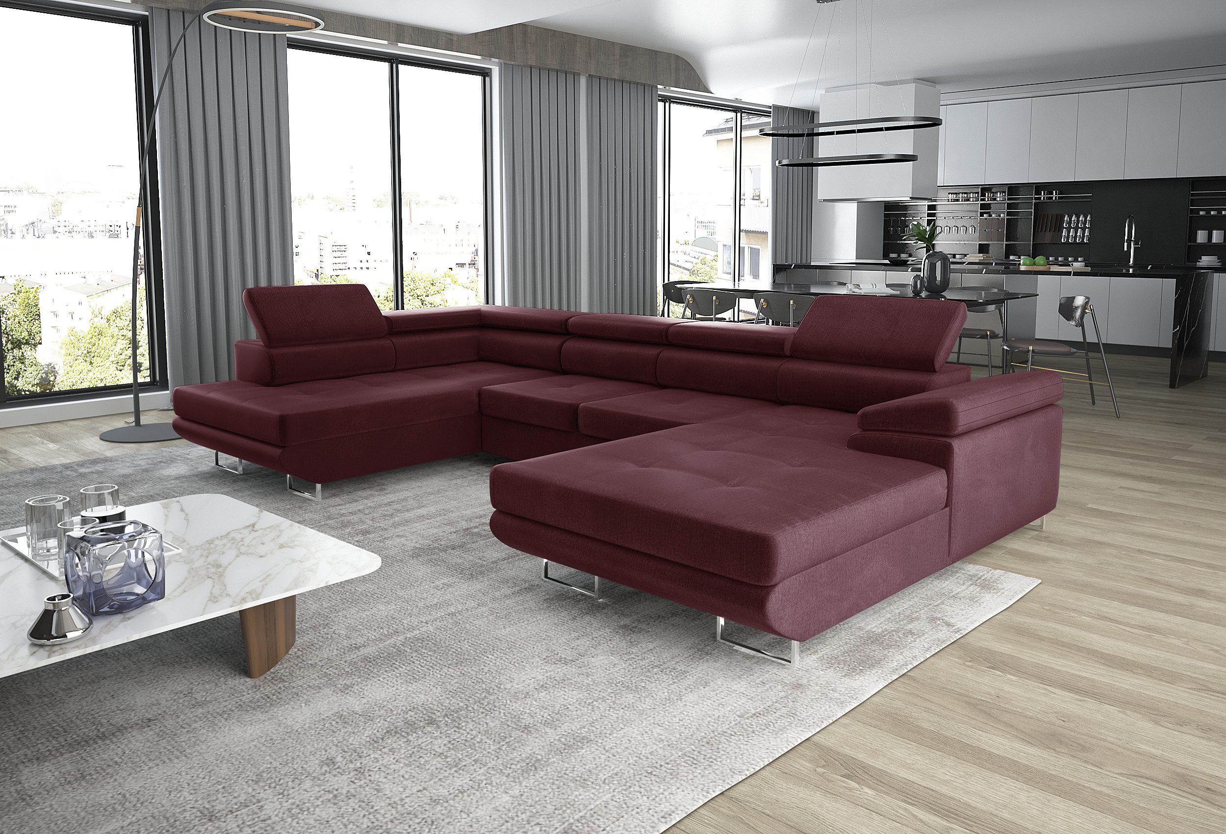 thematys Ecksofa GRENADA in Samt Monolith oder Cord Poso Stoff 355 x 162 cm, U-Form 3 Teile XL-Wohnlandschaft mit Schlaffunktion und Bettkasten