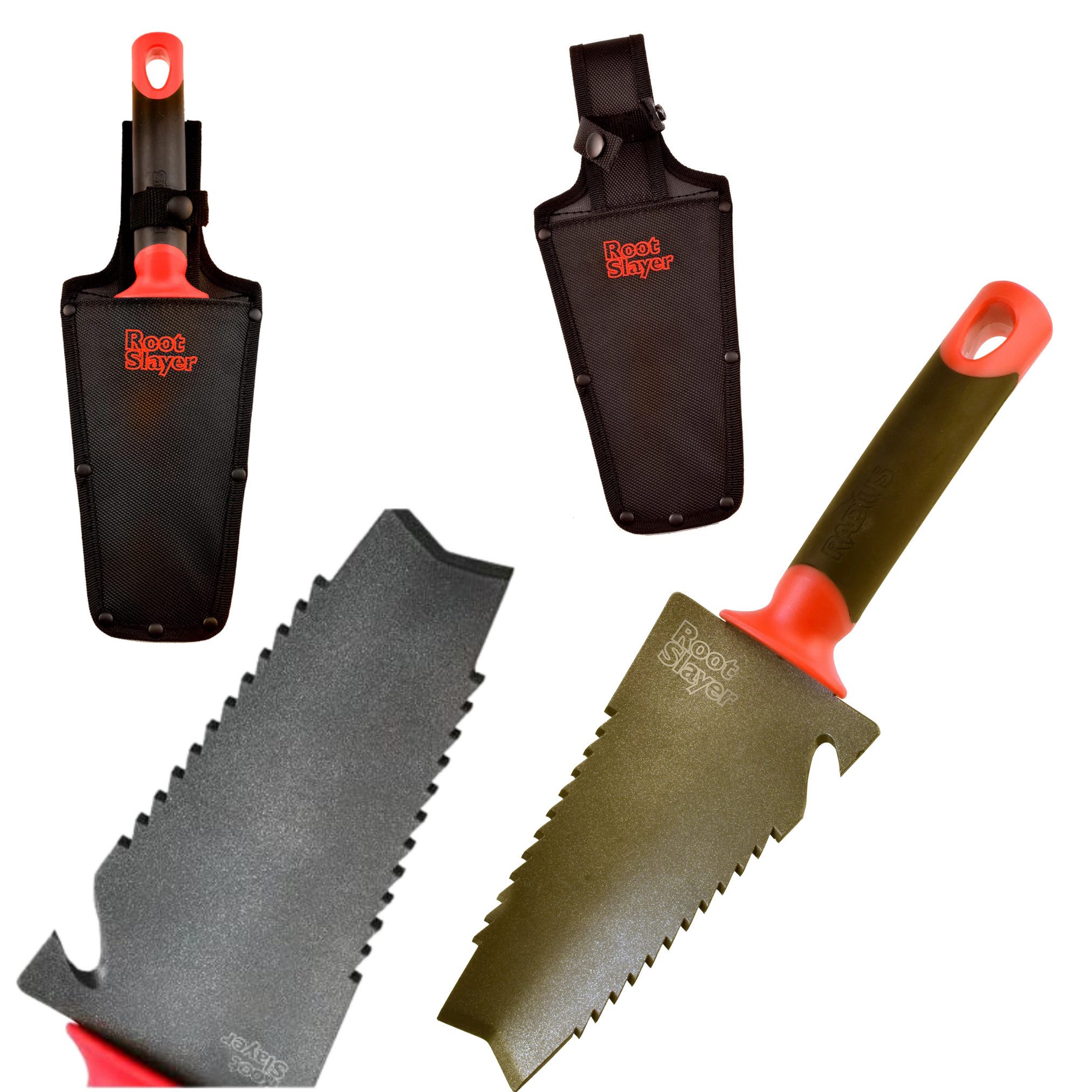 Root Slayer® Blumenkelle Radius Handschaufel, (Spar Set, 2 St., Blumenkelle + Unkrautjäter), Pflanzkelle, Gartenschaufel multifunktional aus Kohlenstoffstahl