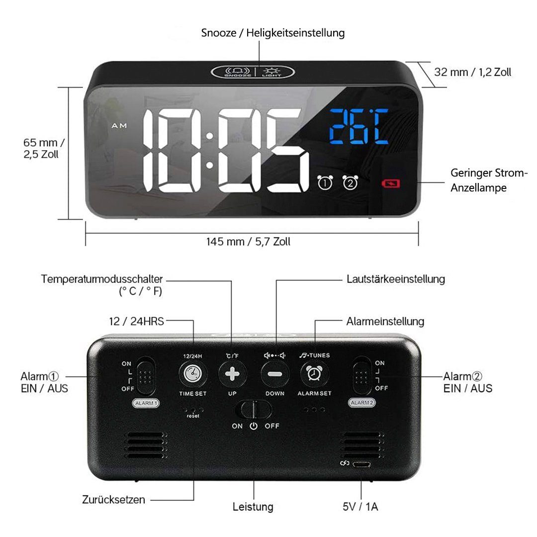 Stufen Wecker,LED Gontence Wecker Digitaluhr Zeit 4 Alarm Ladeanschluss Digital Snooze Sprachsteuerung USB Temperatur Tischuhr Dual Einstellbarer