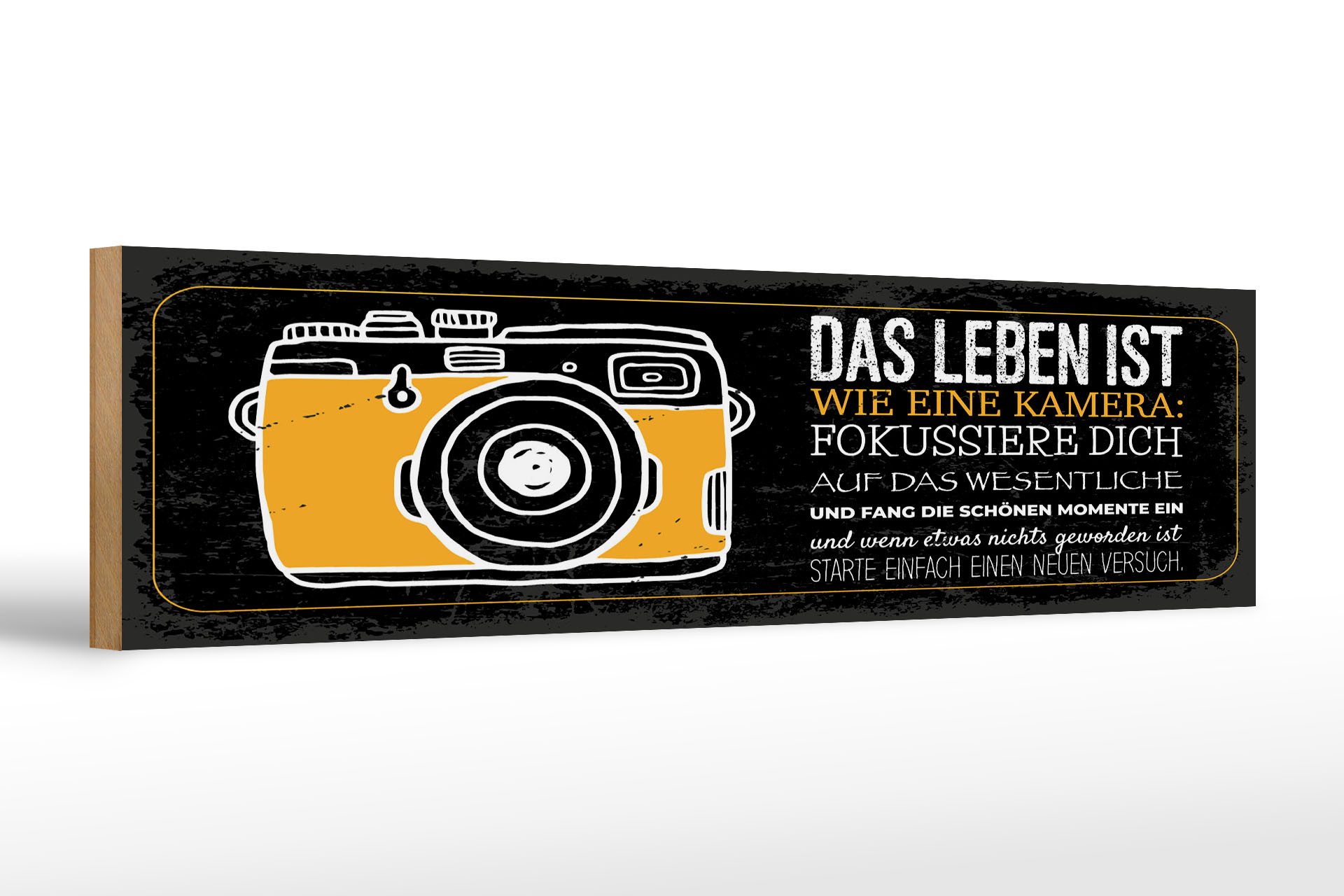 Femer GmbH Holzbild Spruch 46x10 cm Leben ist wie Kamera Fokussiere Dich auf Wesentliche, (1 St), Glatte Holzfaserplatte (MDF), vorn beschichtet