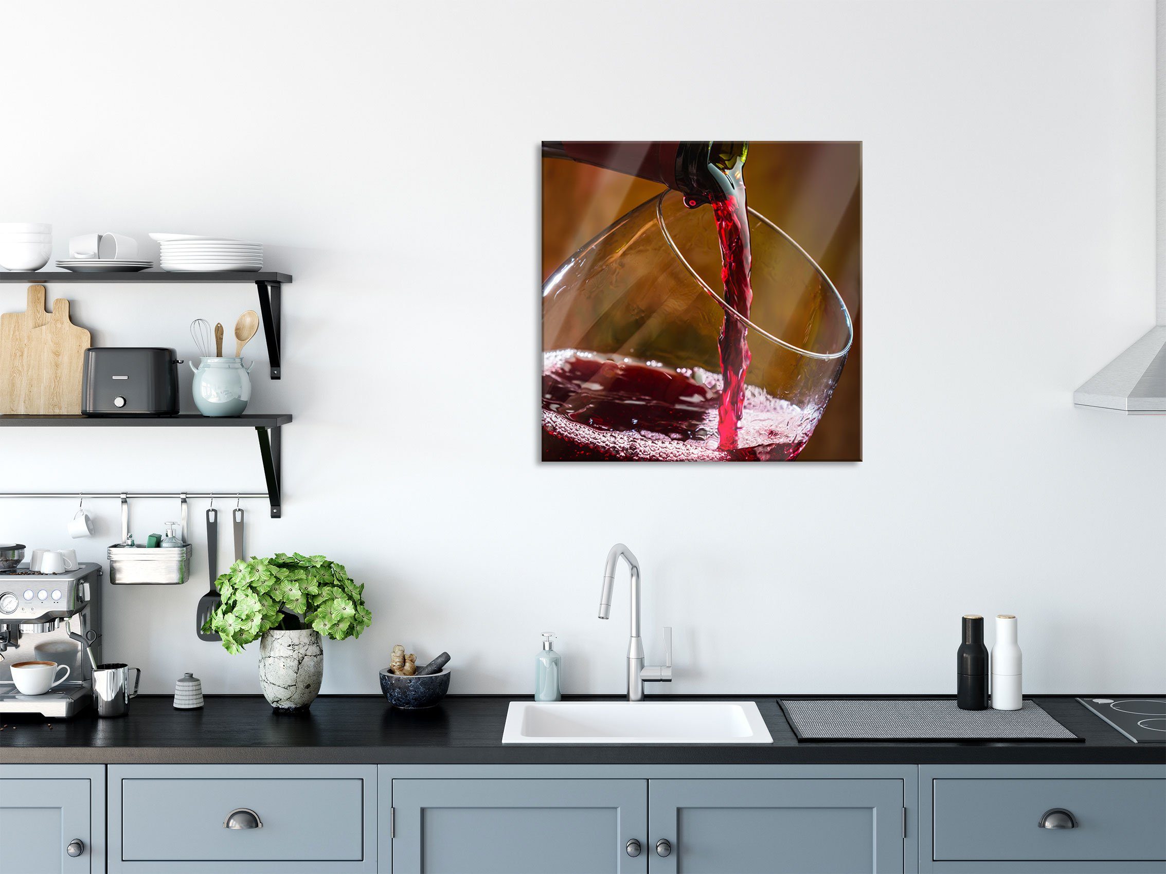 St), Edler Pixxprint Glasbild Echtglas, (1 inkl. Aufhängungen Edler Abstandshalter Rotwein, Rotwein aus Glasbild und