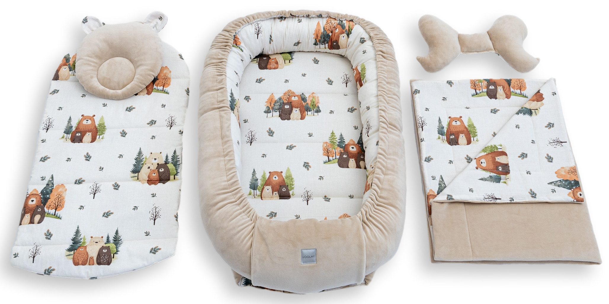 Loolay Kuschelnest BABYNEST 5 TLG. Set PREMIUM Babyausstattung Baumwolle & Samt Velours, (MUSTER: BEIGE Samt Velour/ Beige Bärchen Familie, 5-tlg., Liebevoll ha – Bild 2 von 5