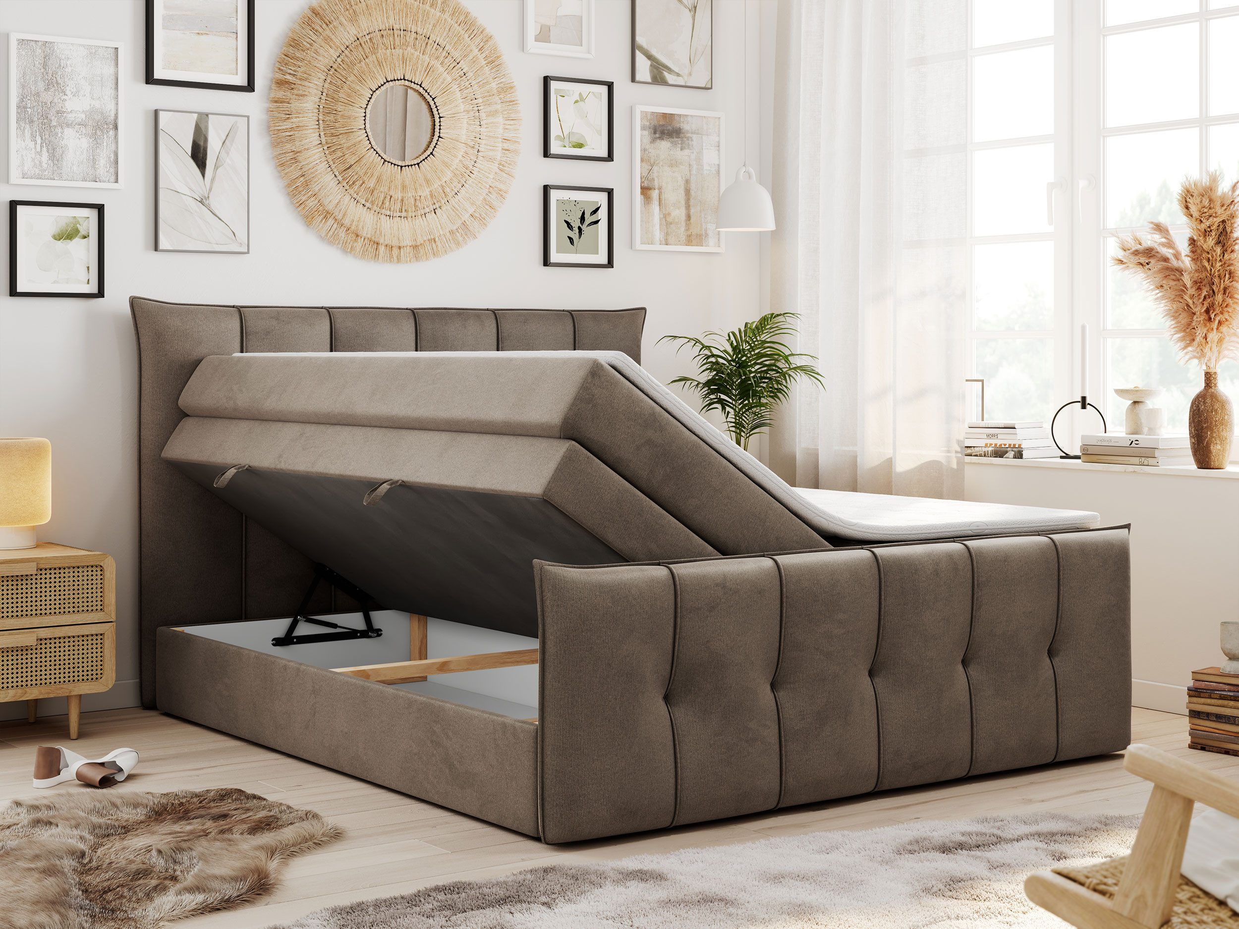 MKS MÖBEL Boxspringbett PREMIUM 11 KING (Set, Packung, T30-Schaum, Topper T25/Visco, gestepptes Kopfteil), Bettkasten und fünf Matratzen - Multipocket-Matratzen und Topper