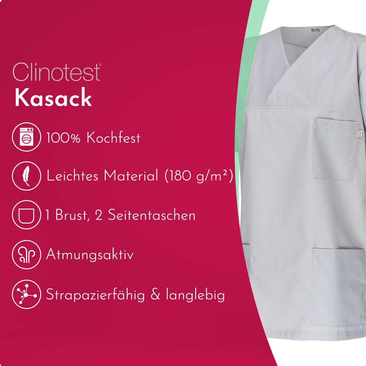 Clinotest Funktionsbluse Kasack Damen & Herren - 95 Grad waschbare, kochfest ohne einzulaufen (1-tlg) Schlupfkasack aus Baumwolle & Polyester - Berufsbekleidung – Bild 2 von 5