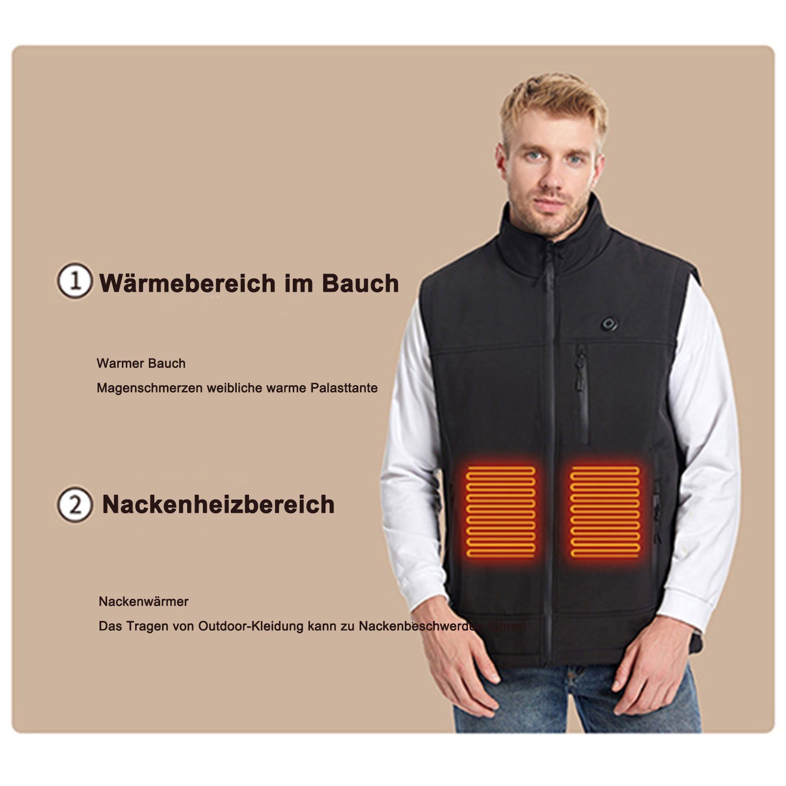 REDOM Funktionsweste Heizweste Hemd Beheizte USB Wärmestufe Grün & Größe Beheizbare Wärmeweste Heizzone, (Weste Heizjacke Winter verstellbar) einstellbare Beheizte 9 ist Weste, Weste 3