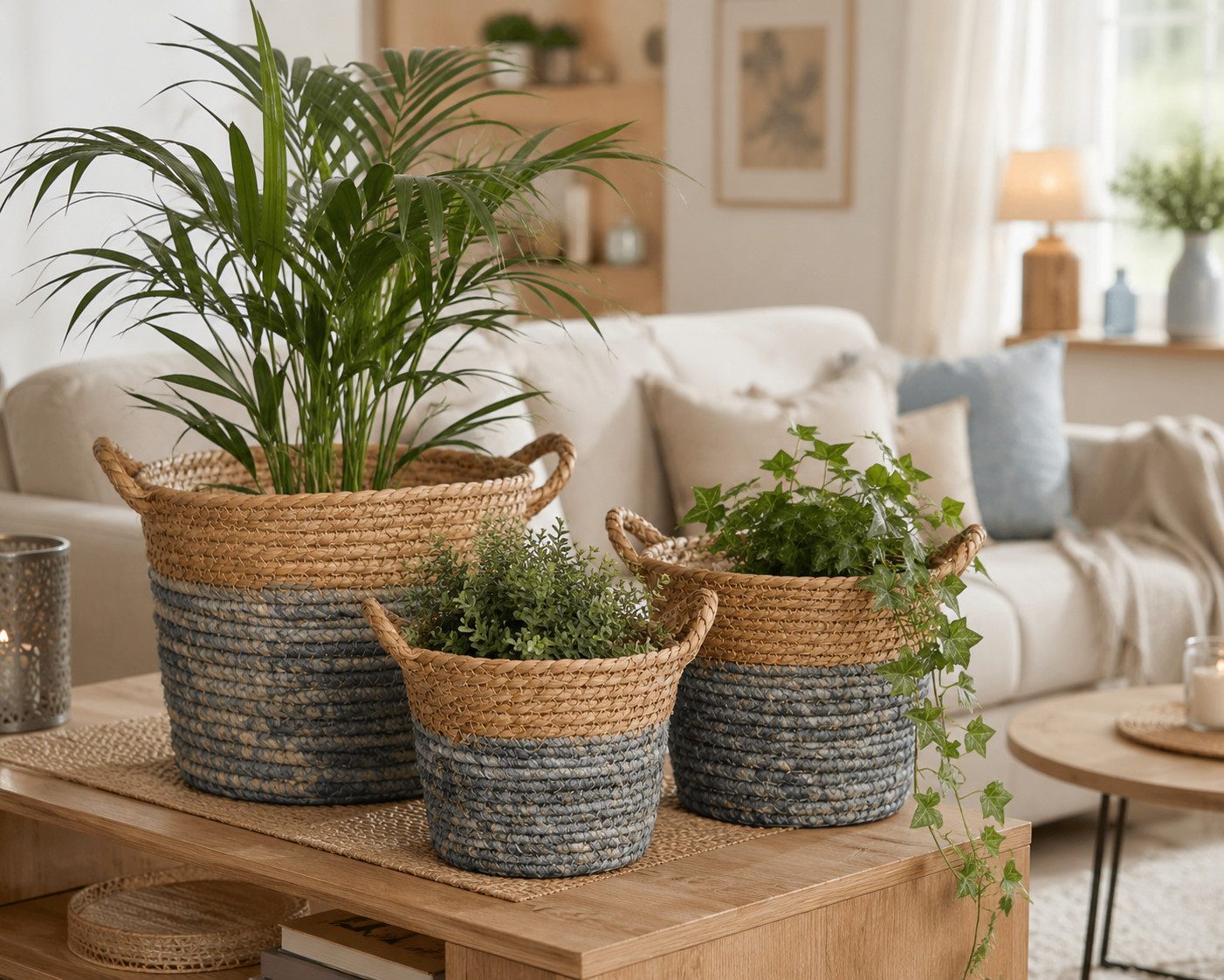 finehomegarden Übertopf Korb mit Griffen 3er Set Blau-Braun aus Mais – Pflanzkorb, Dekokorb (3 St), und Aufbewahrungskorb in 3 Größen für Wohnzimmer, Bad und Garten