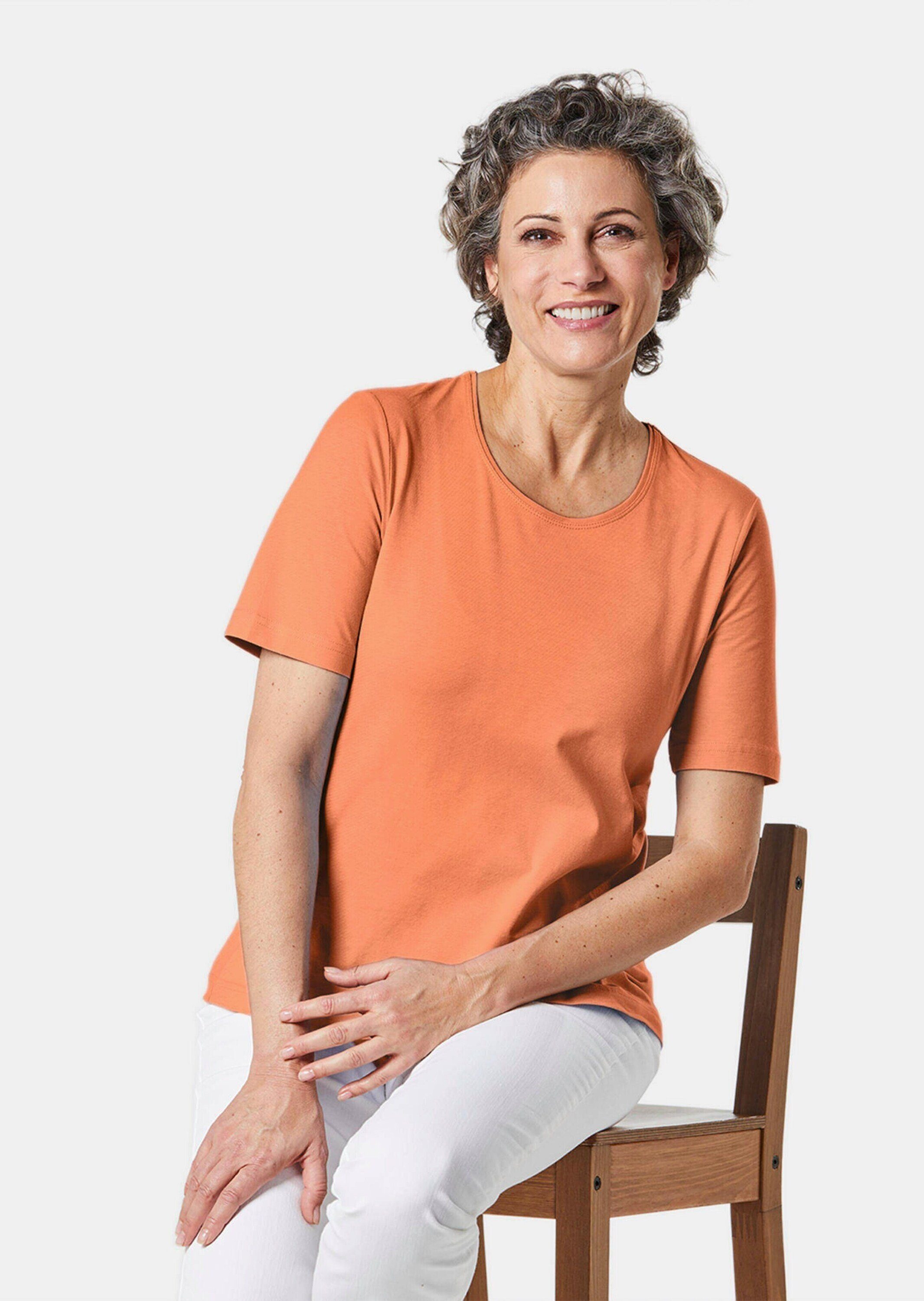 GOLDNER T-Shirt Kurzgröße: Basic Baumwollshirt mit kurzem Arm Rundhals-Shirt, hüftlang, aus reiner Baumwolle