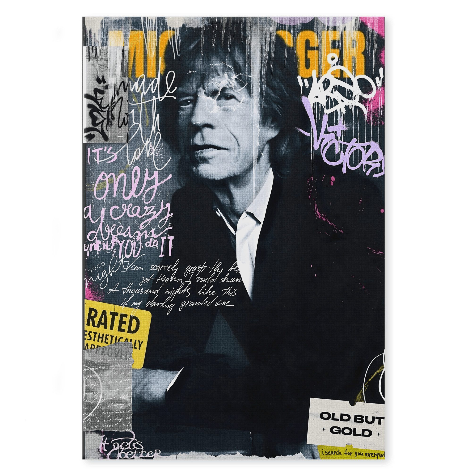 SimpleCanvas Wandbild Old but Gold - Leinwandbild Pop Art/Street Art, Wandbild Mick Jagger Pop Art Portrait Wandbild